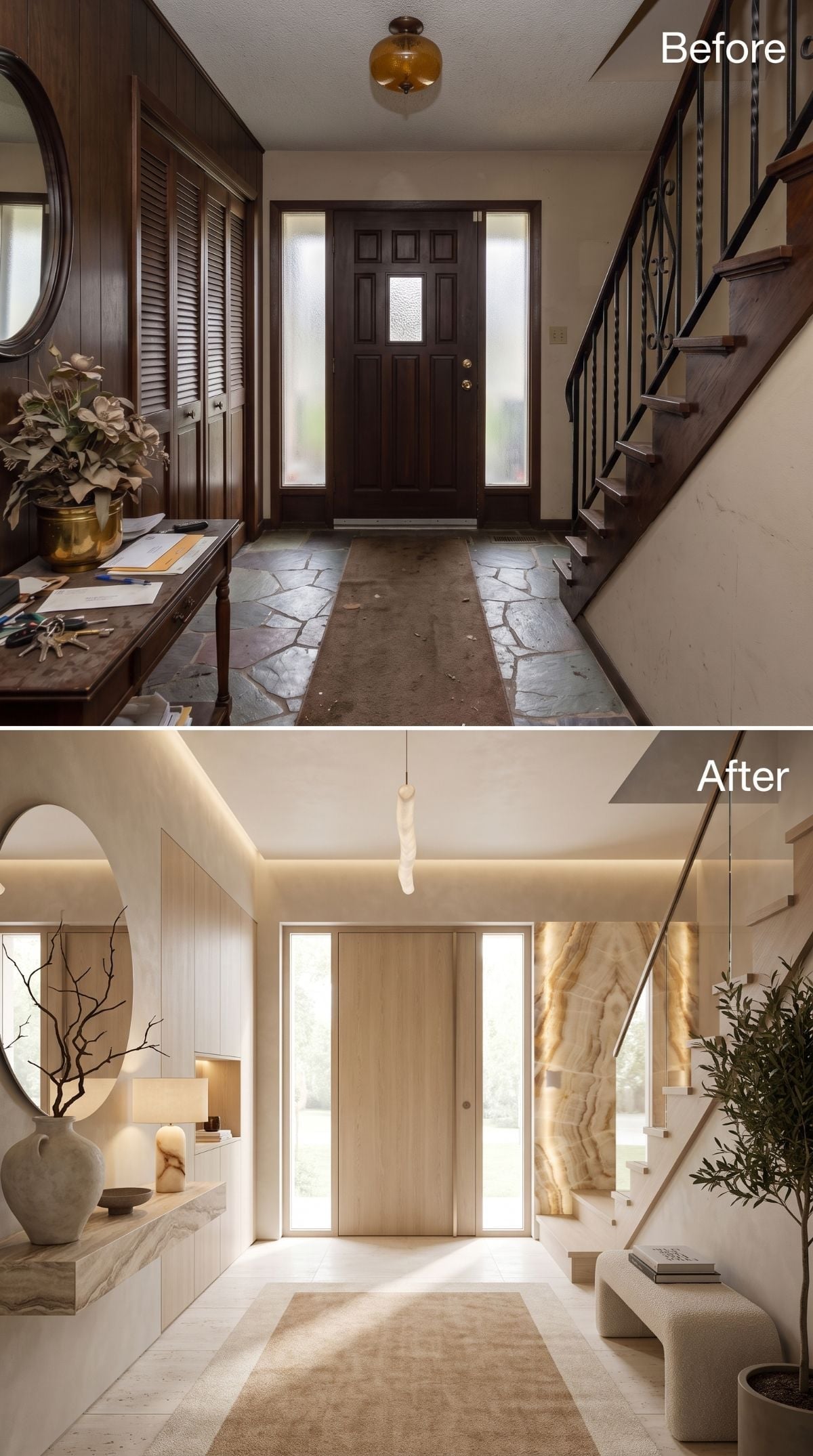 Onyx Accents, Glass Rails, and a Foyer That Finally Stopped Looking Like a Cave