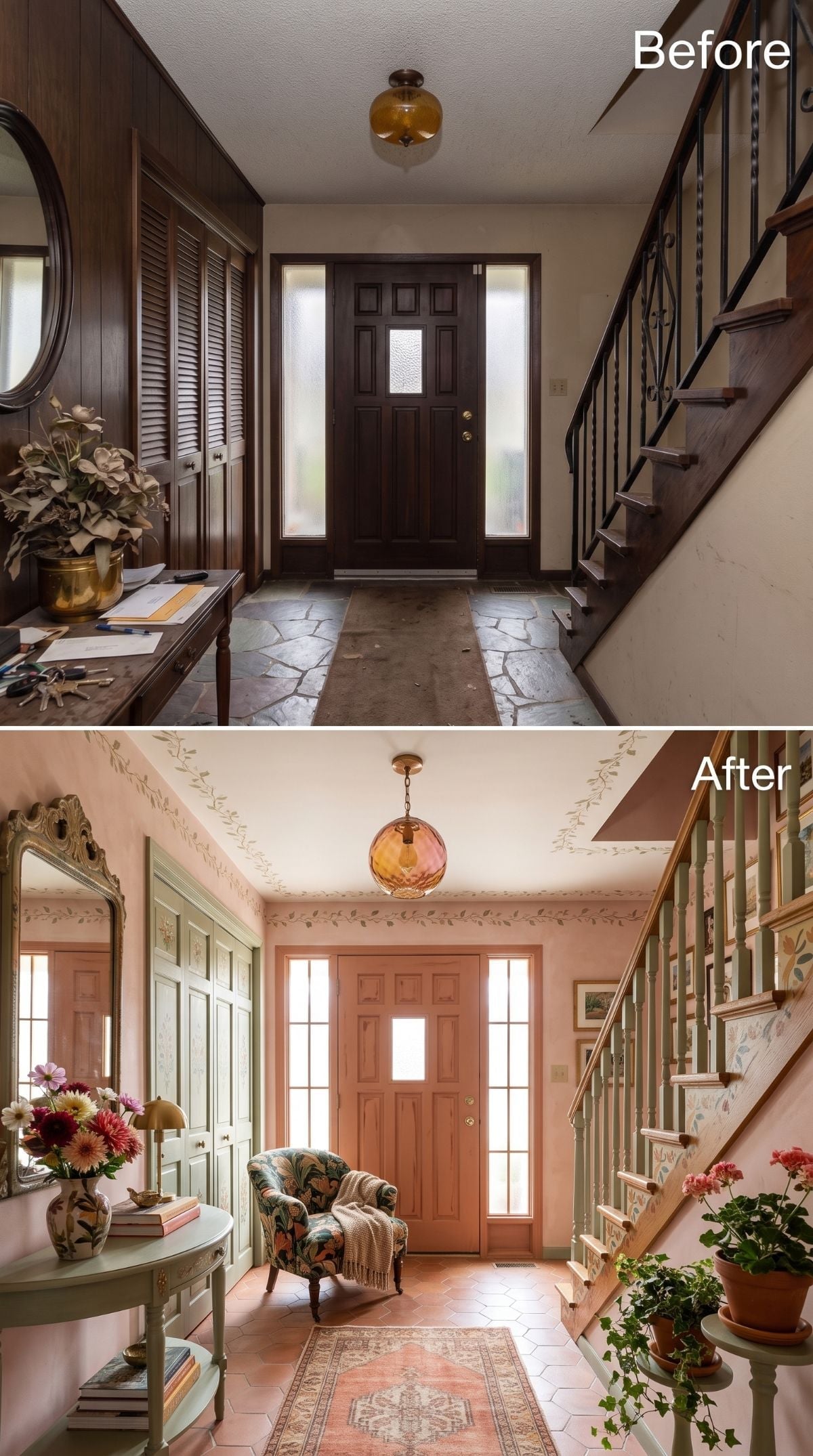 Peach Walls, Painted Balusters, and a Foyer That Stopped Playing It Safe