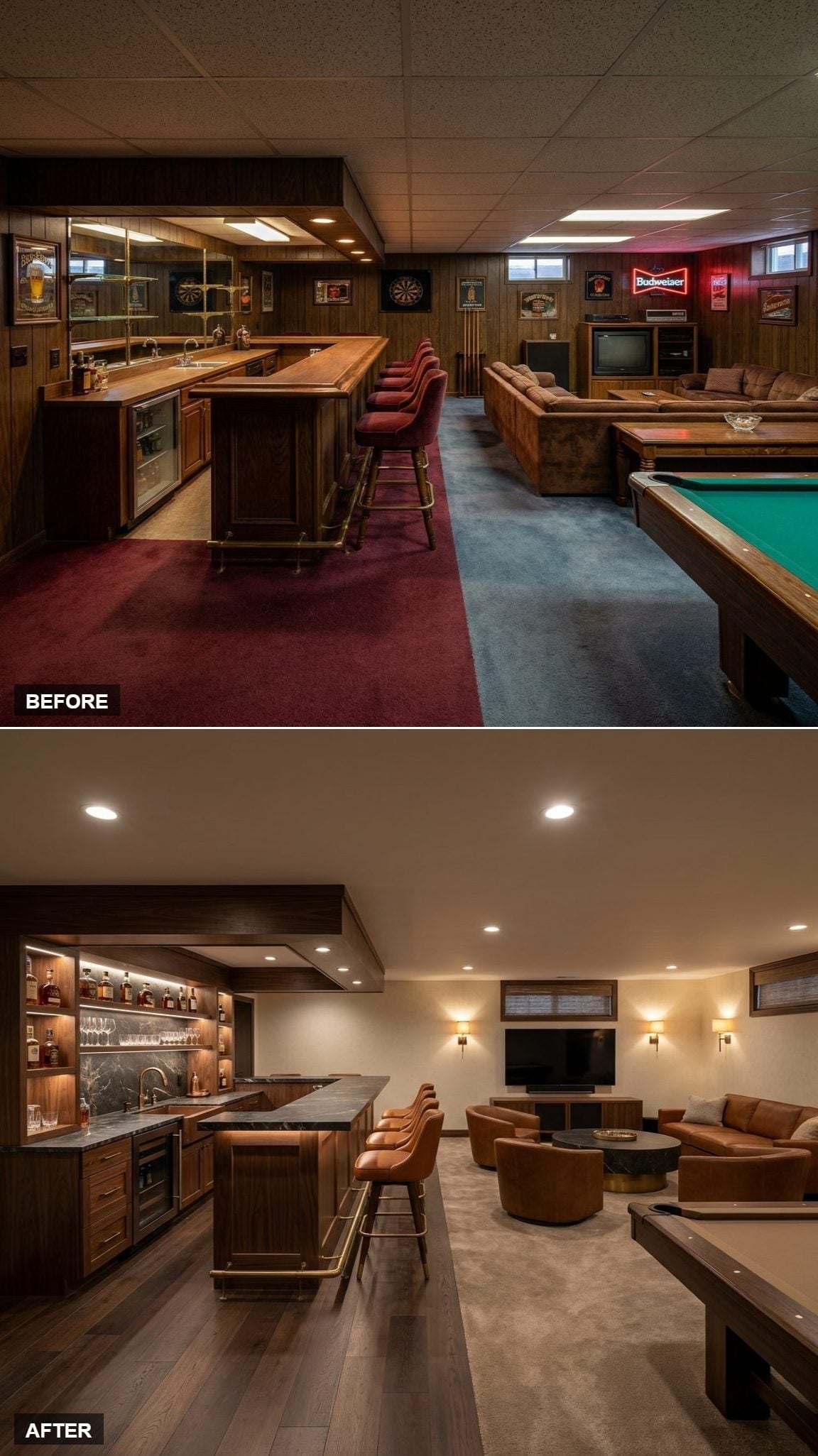Walnut basement bar with backlit shelving, dark veined stone-look counter, curved cognac chairs, rounded sectional, TV, and sconces