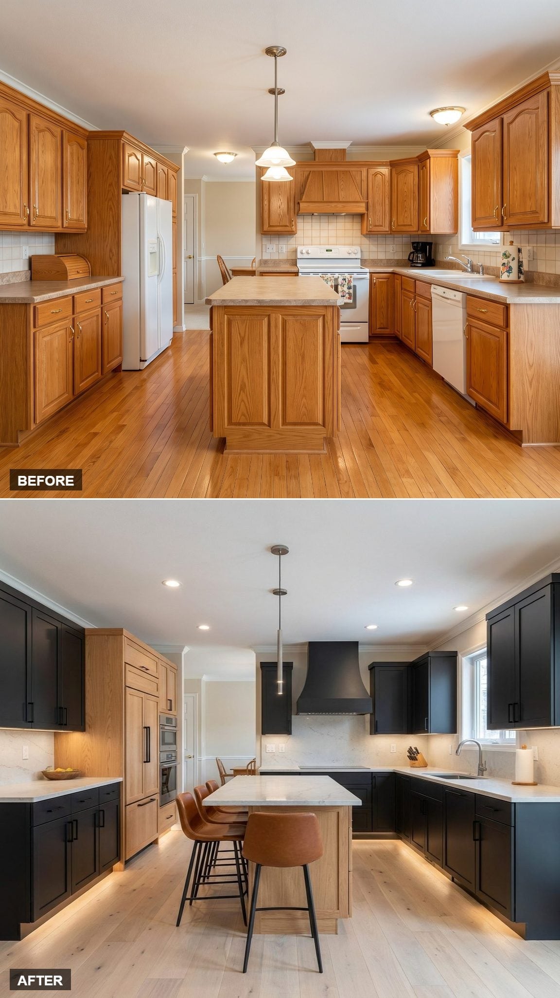 Black Perimeter Cabinets, a Light Maple Island, and Under-Cabinet Lighting That Changes Everything