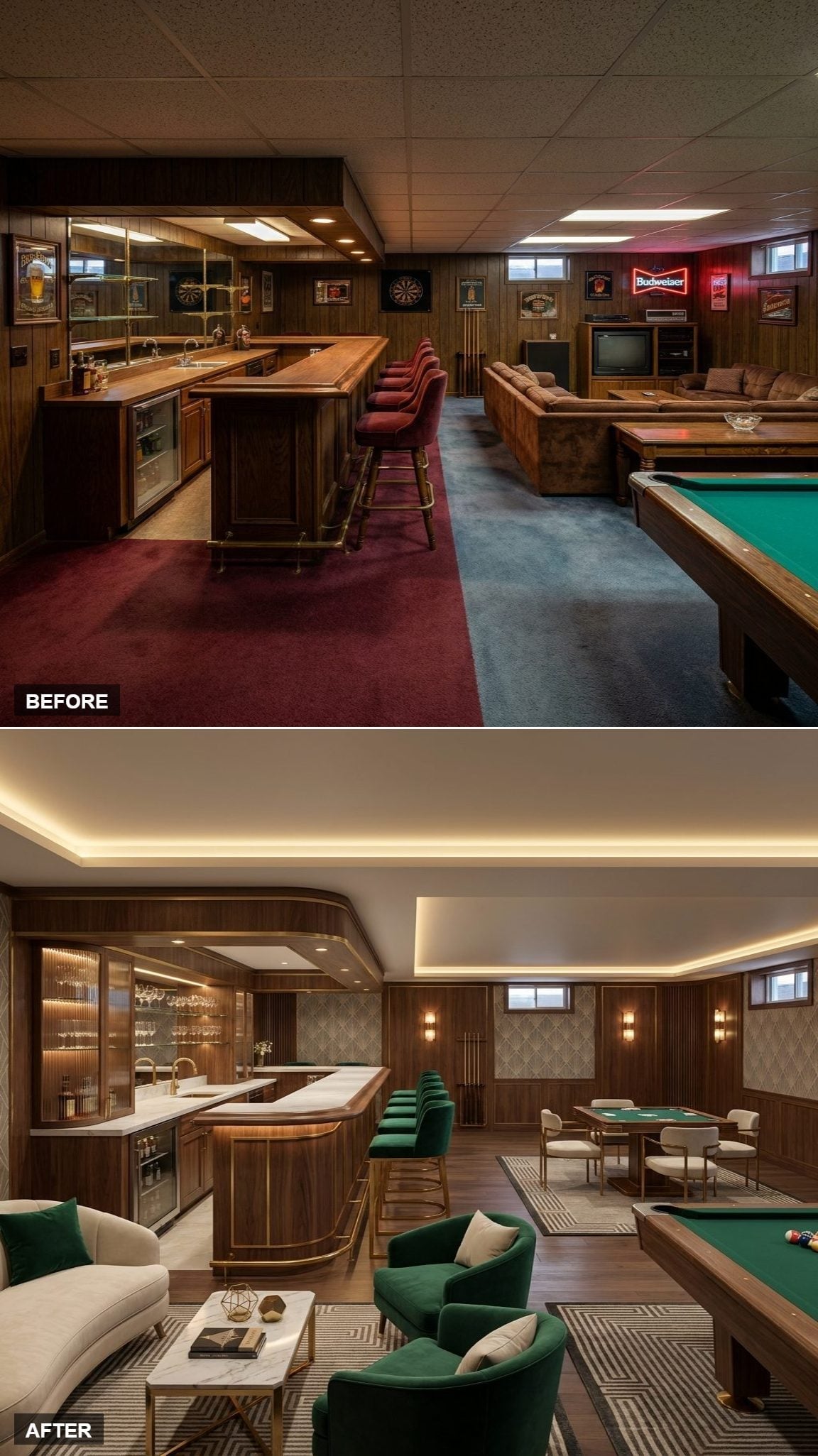 Walnut veneer basement bar with curved counter, cove lighting, green velvet seating, card table, and hardwood floor