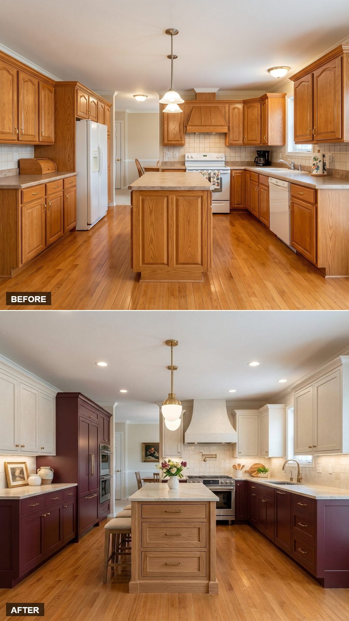Burgundy Lowers, Cream Uppers, and a Natural Oak Island That Holds It All Together