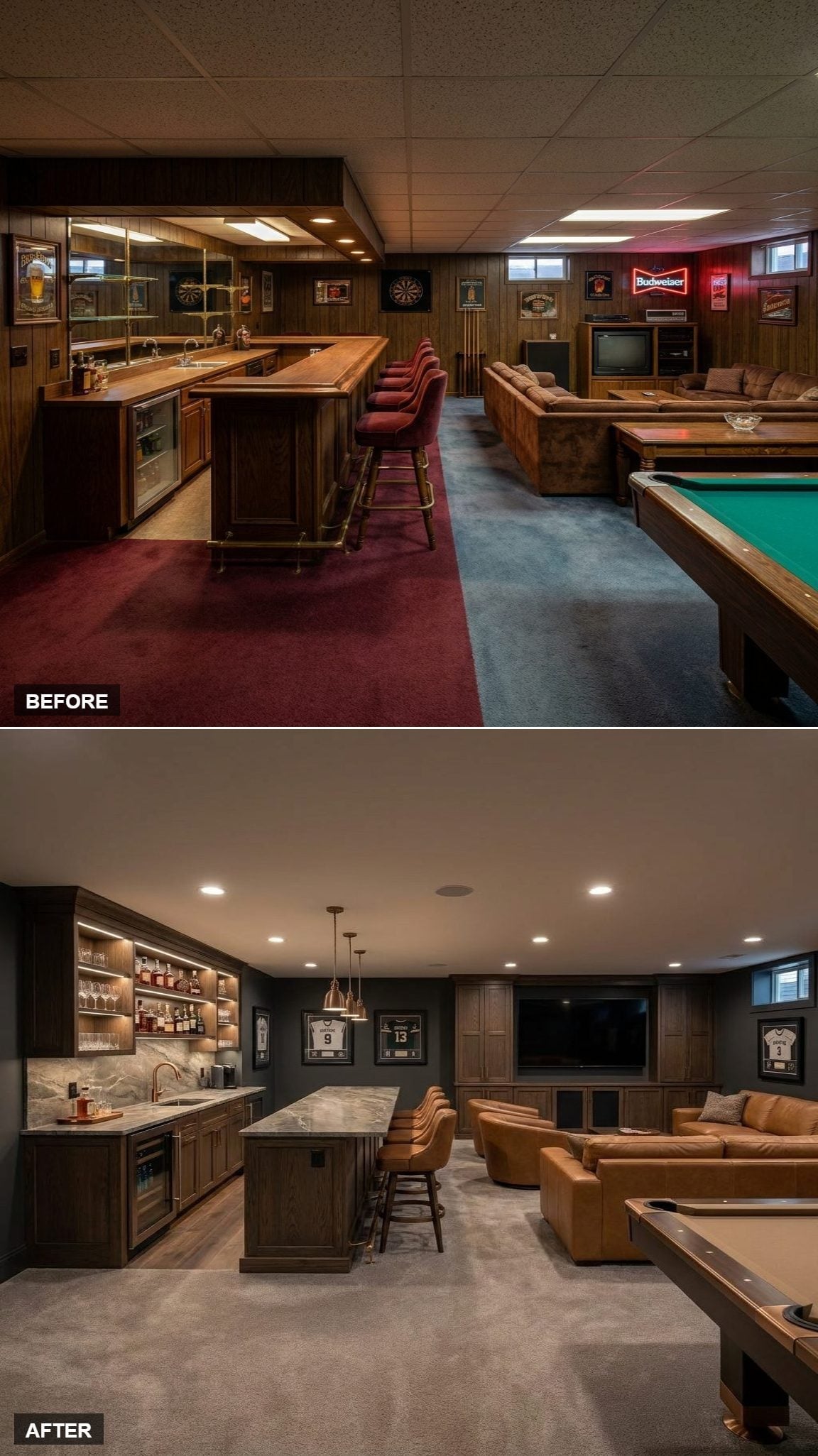 Dark basement lounge with charcoal cabinetry, marble counters, copper pendants, cognac leather seating, TV, and framed jerseys