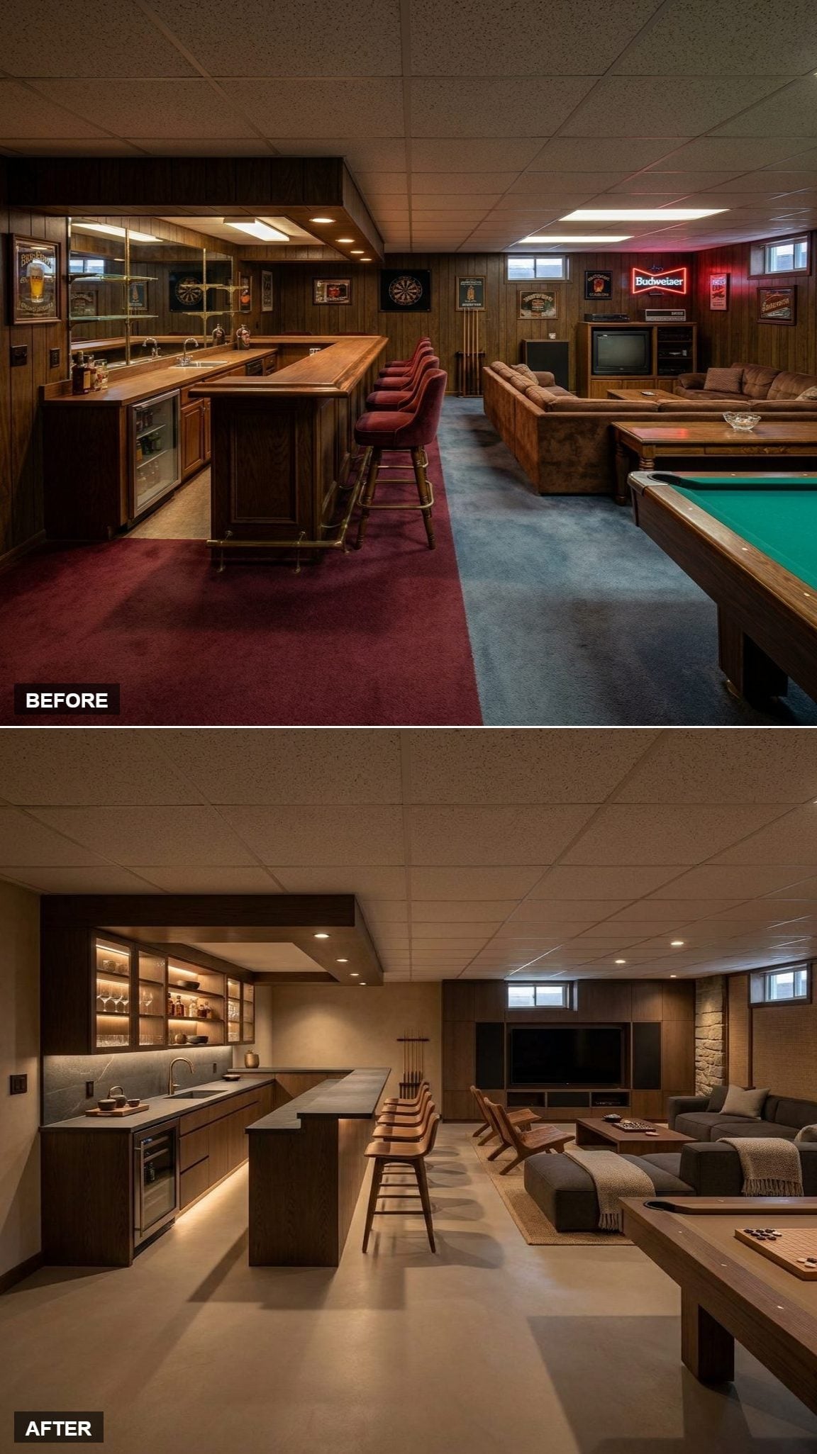 Rec room with concrete floors, dark wood bar cabinetry, backlit open shelving, shuffleboard, TV lounge, and stone accent wall