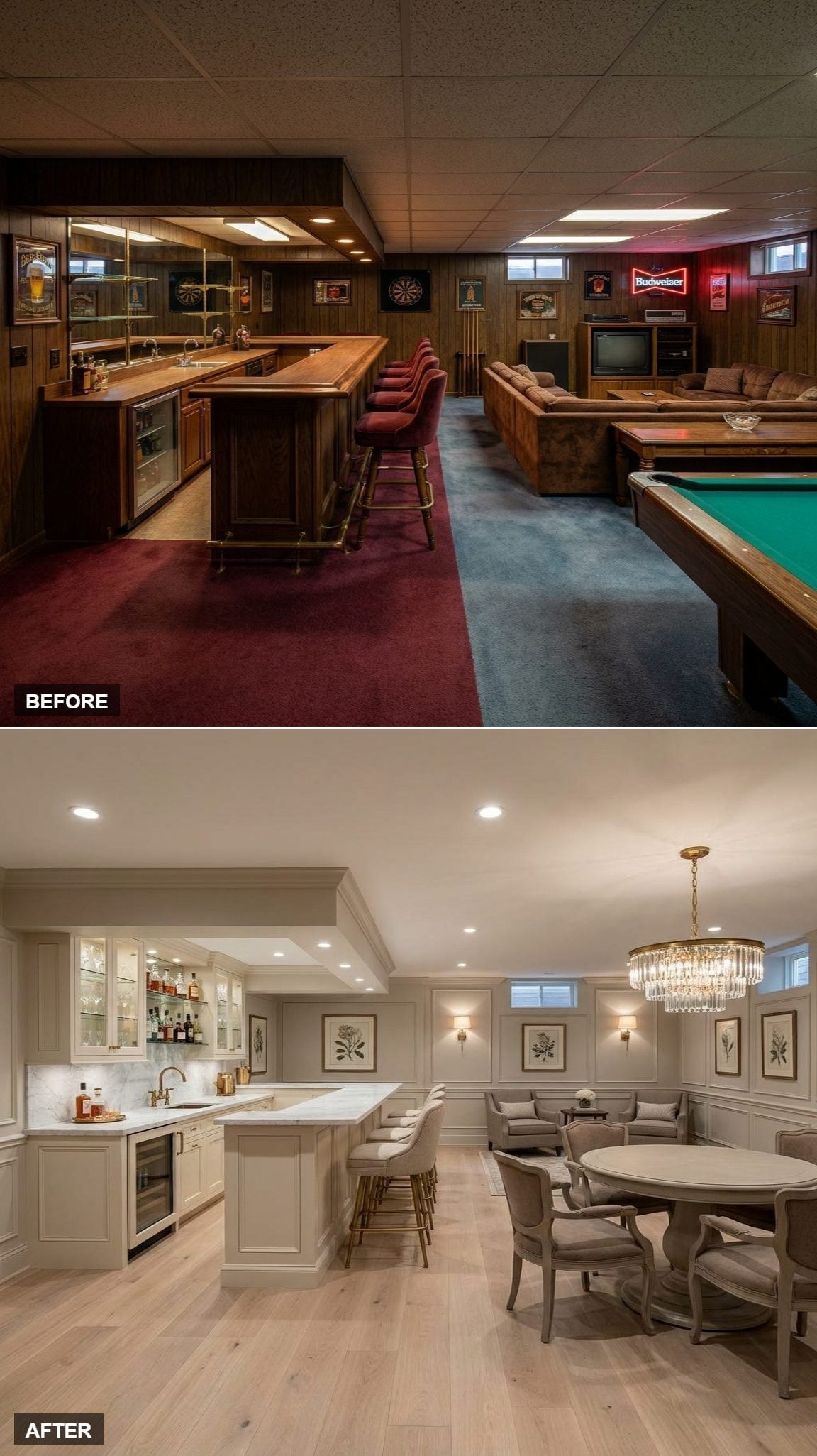 Cream wet bar cabinetry, marble-look surfaces, crystal chandelier, dining table, wall molding, and hardwood flooring