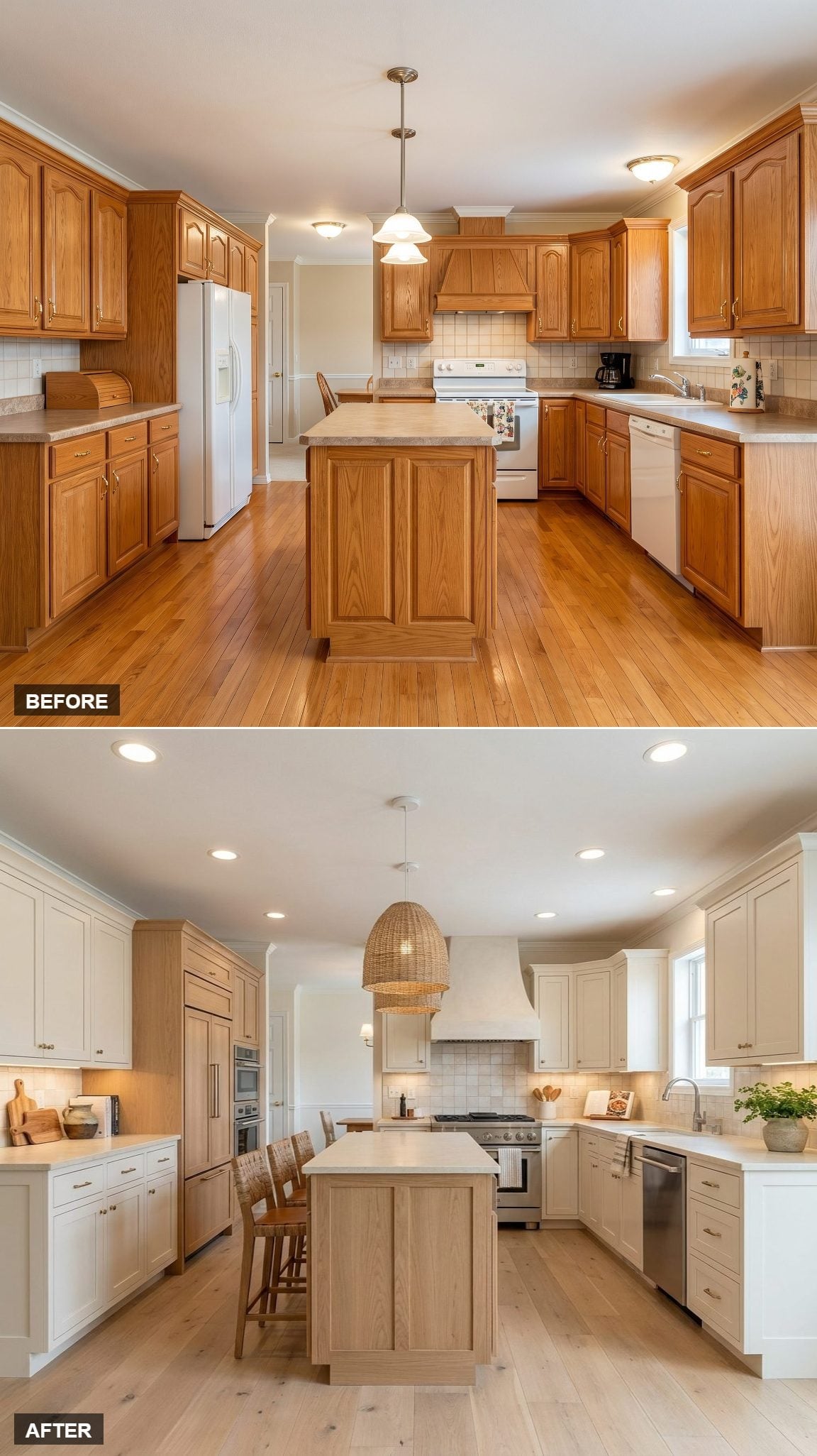 Cream Perimeter, Blonde Wood Island, Woven Rattan Pendant: A Kitchen That Breathes