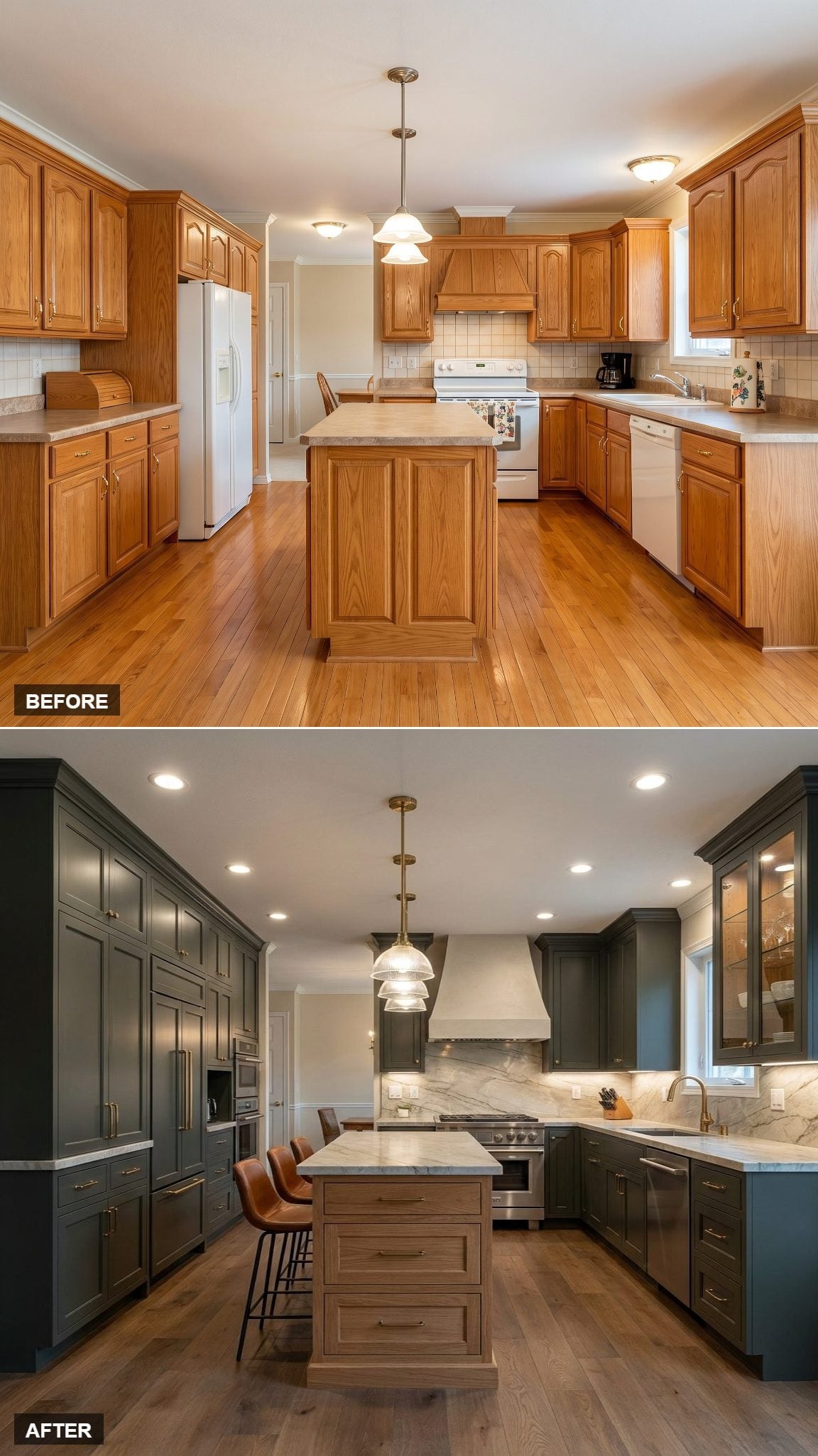 Dark Green Cabinets, a Natural Wood Island, and Marble Backsplash Earned Every Inch
