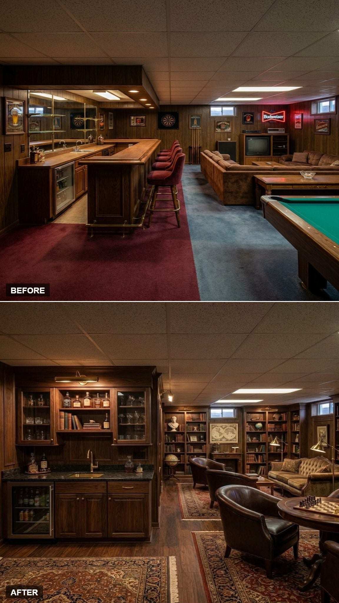 Dark walnut basement library bar with glass-front cabinetry, whiskey bottles, leather club chairs, and chess table