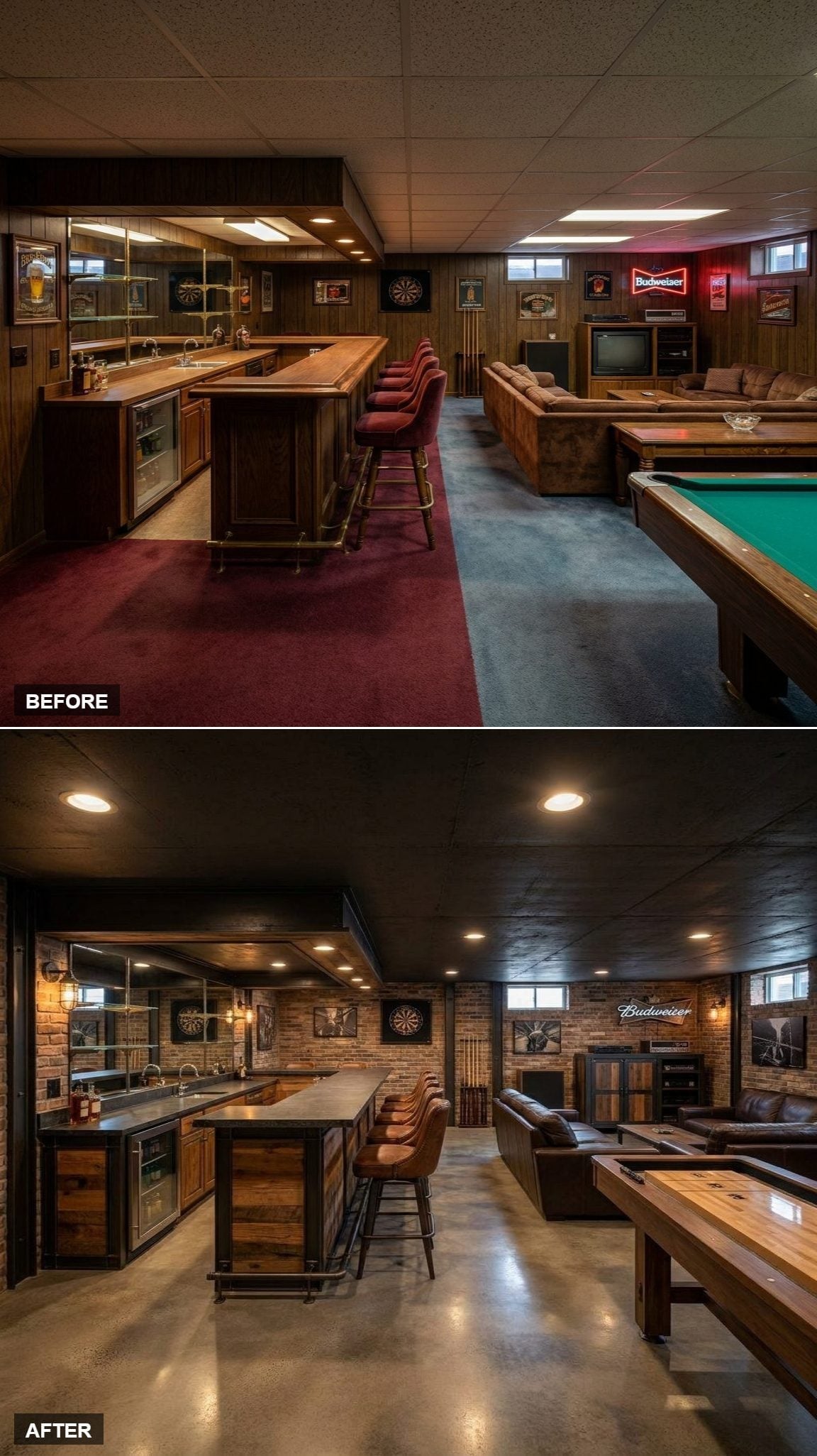 Industrial rec room with exposed brick, black ceiling, concrete floor, wood bar, leather seating, and shuffleboard
