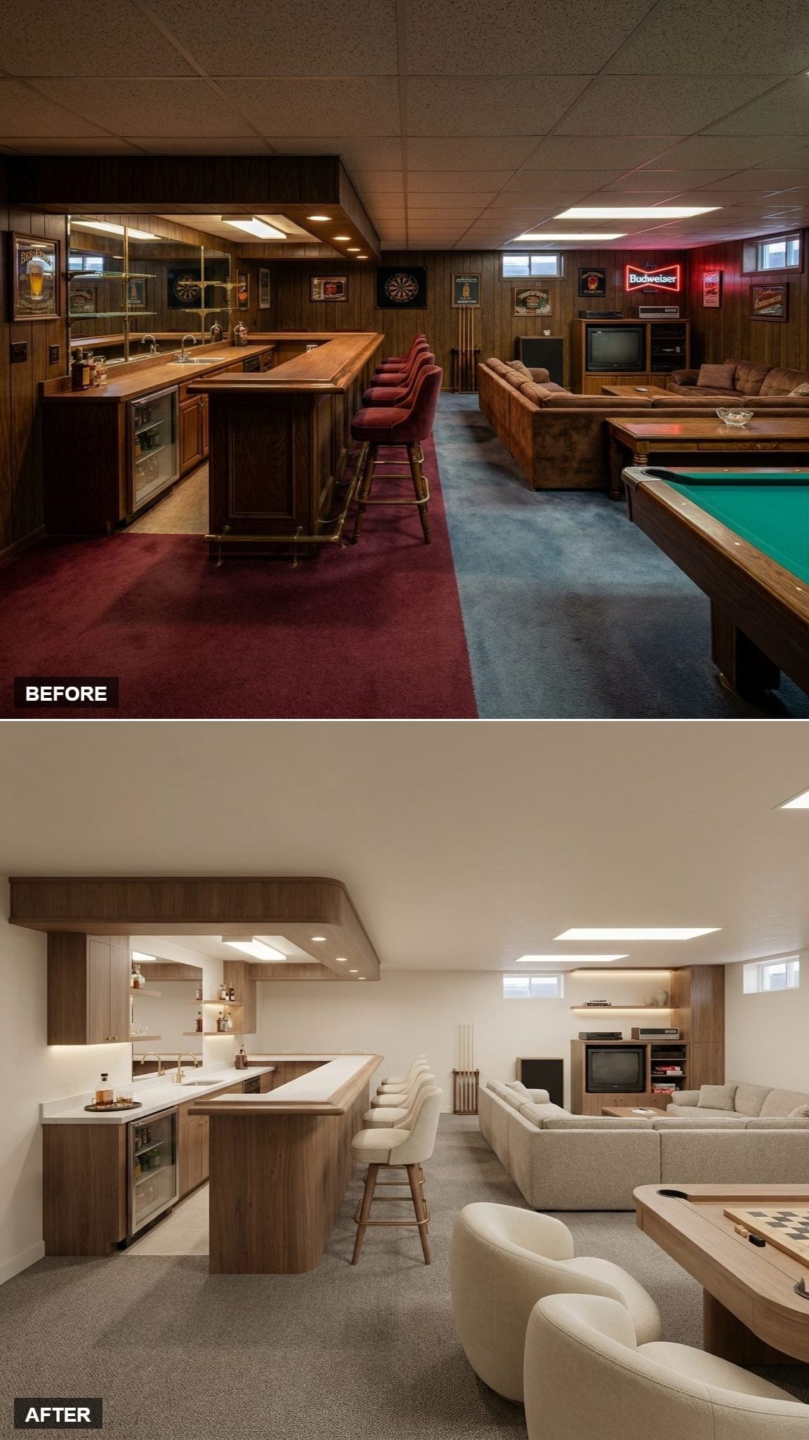 Warm flat-front wood basement bar with white quartz counter, gold faucet, open shelves, cream bouclé sofas, gray carpet, and game table
