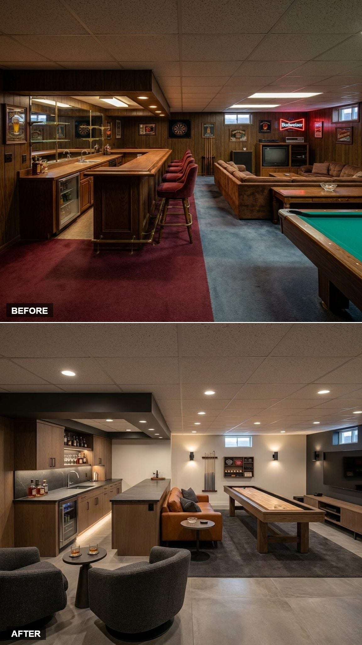Flat-front oak wet bar with charcoal counter, recessed lighting, and shuffleboard table