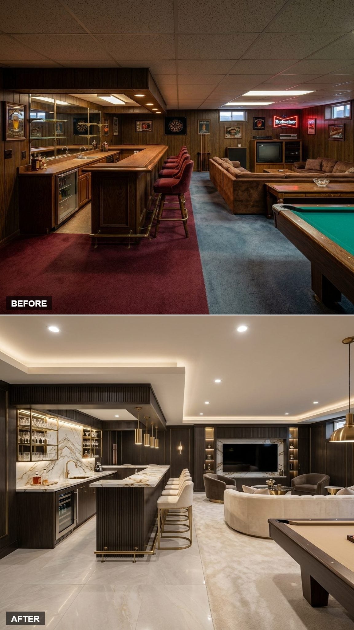 Espresso fluted basement bar with gold-veined marble-look surfaces, brass hardware, curved cream sofa, and ivory tile
