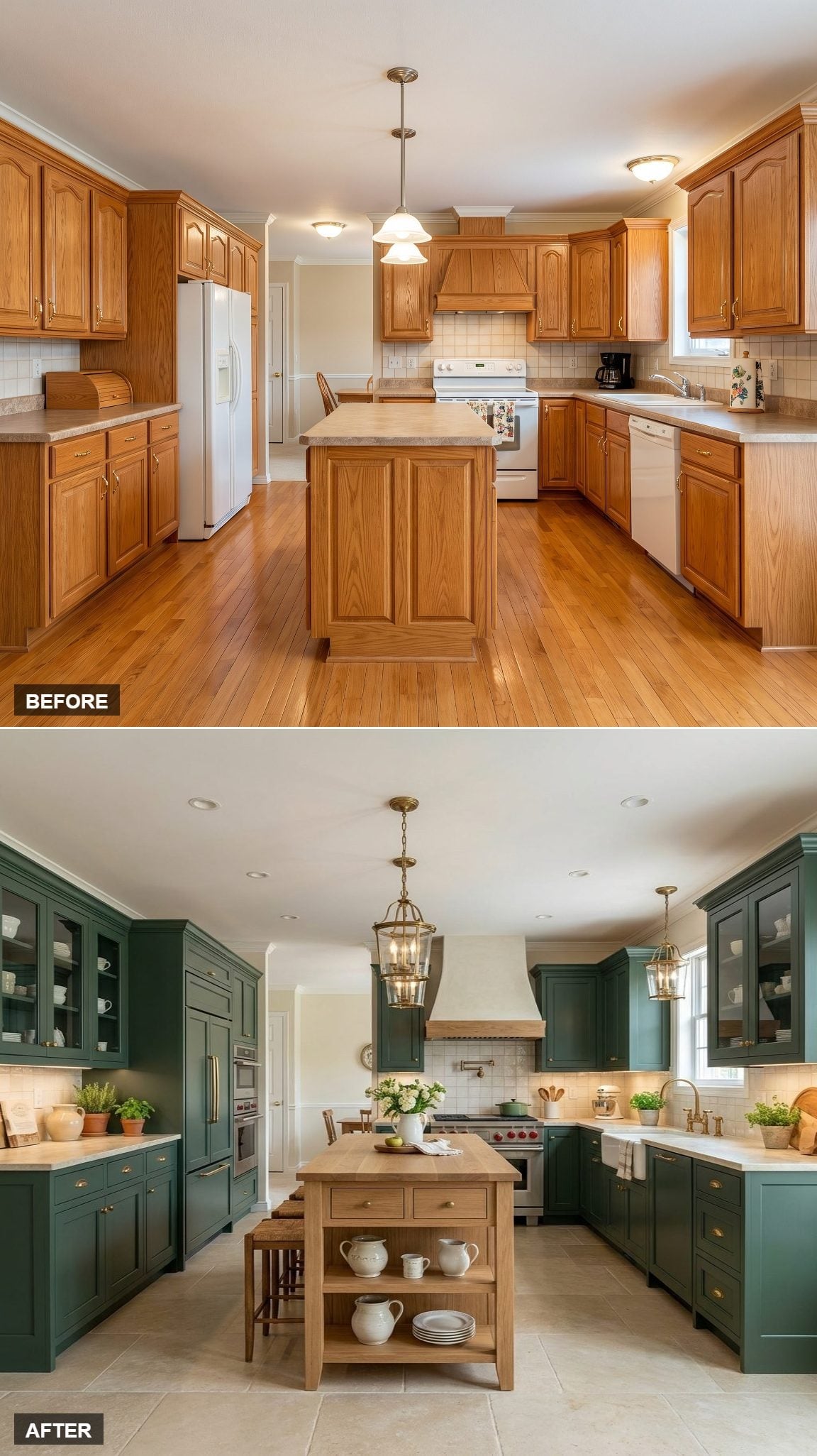 Forest Green Shaker Cabinets and Brass Hardware Gave This Kitchen a Completely New Identity