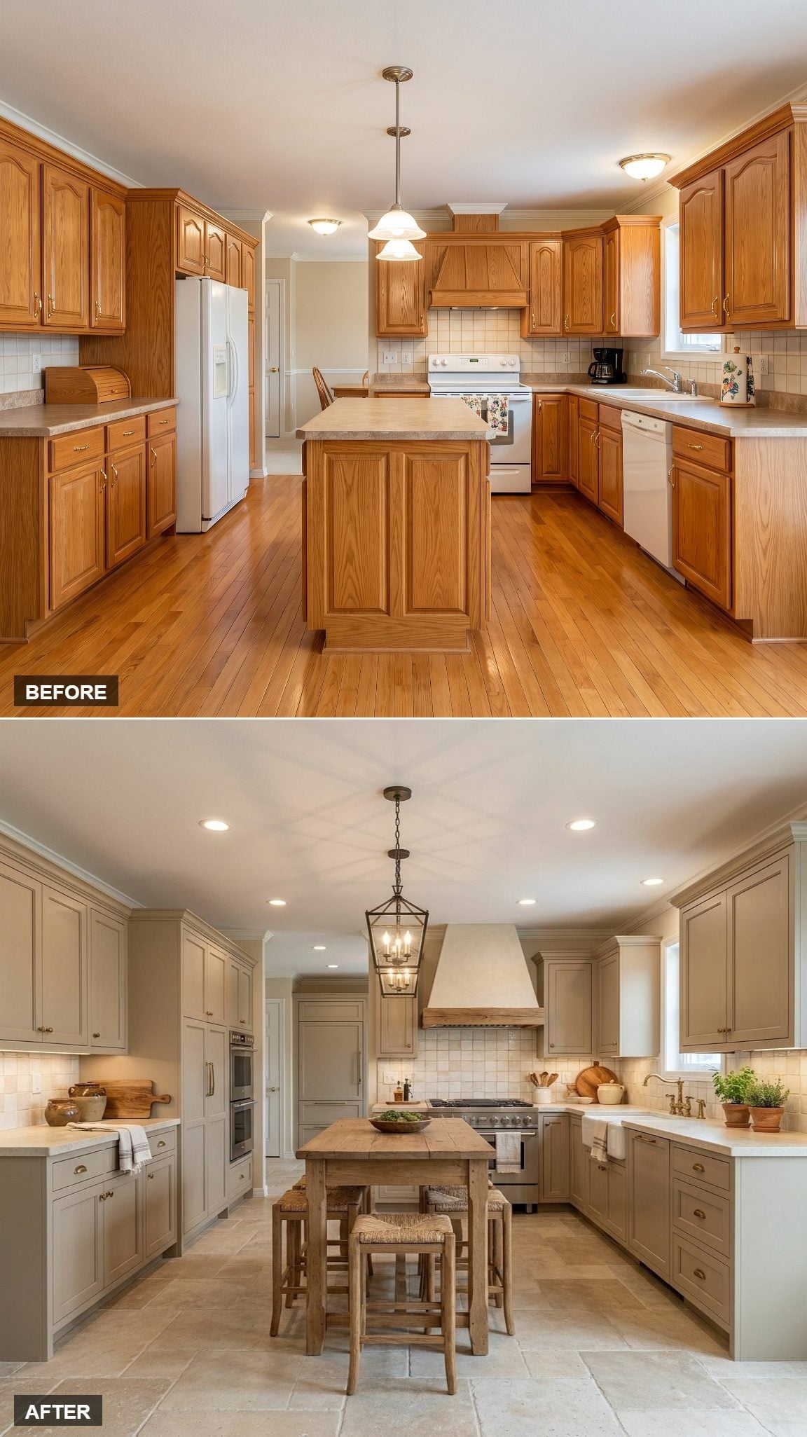 Greige Cabinets, Stone Tile, and a Rustic Island Table Pulled This Kitchen Into Focus