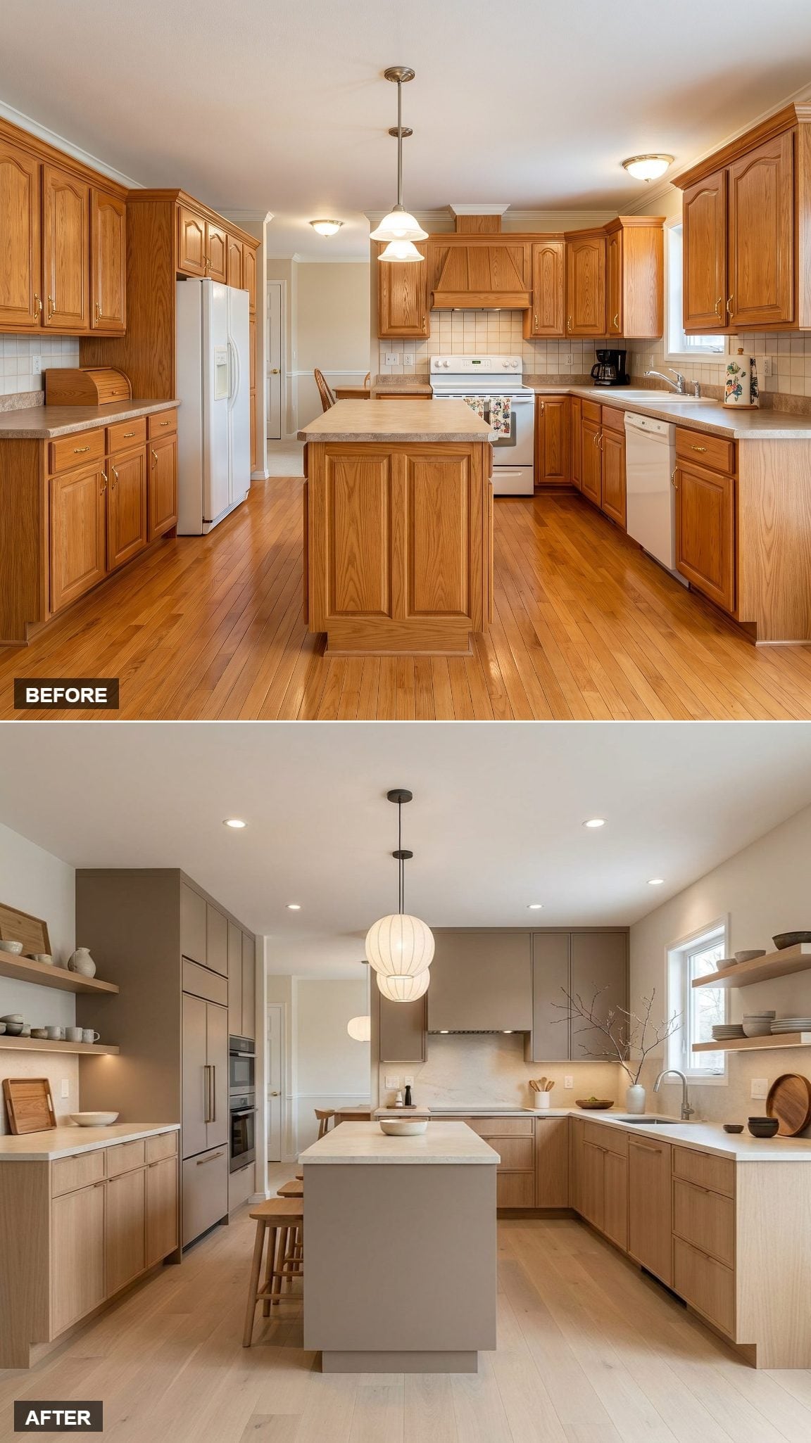 Greige Flat-Front Cabinets and Bleached Oak Base Units Quietly Rewrote the Layout