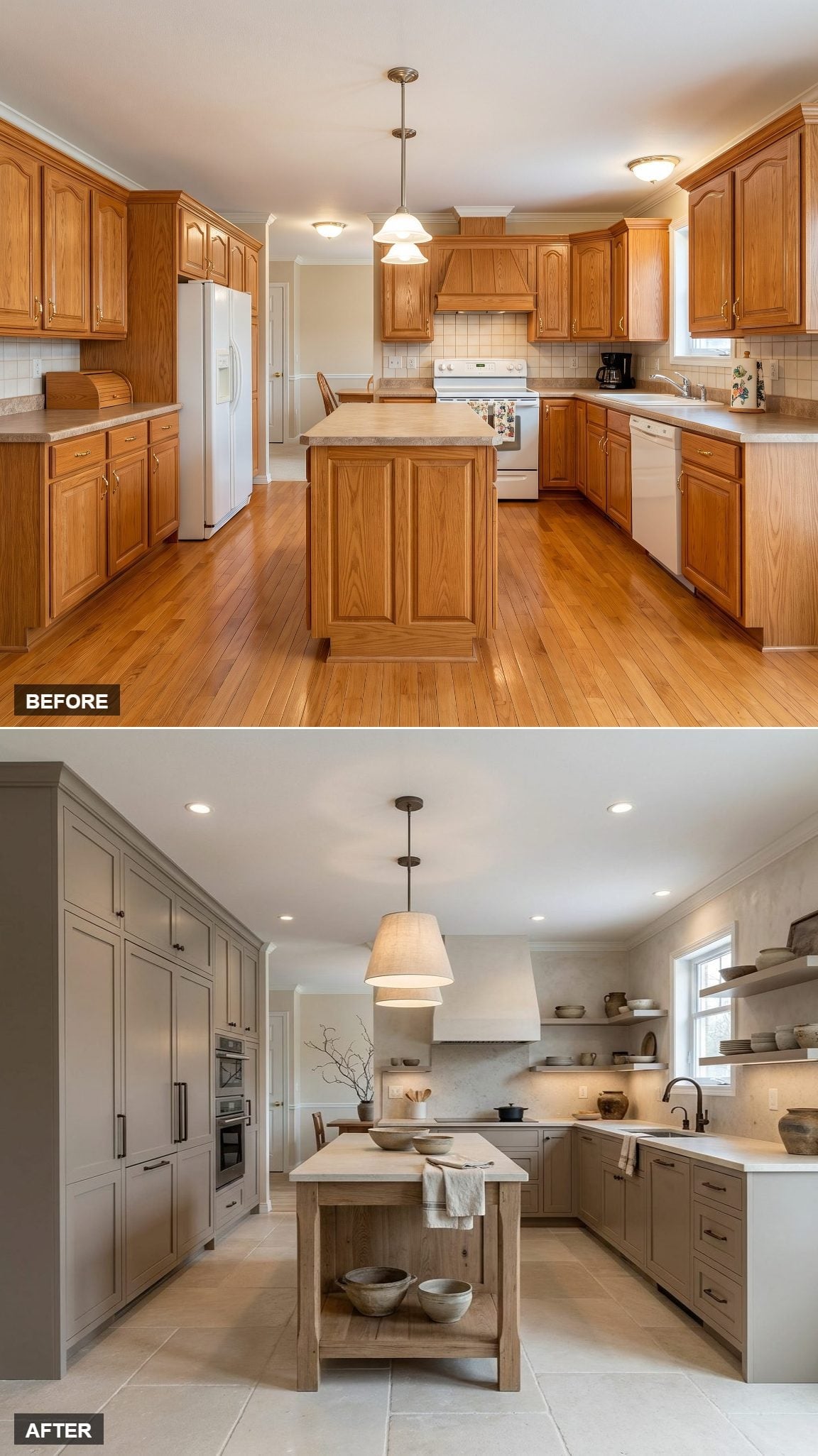 Greige Shaker Cabinets, Open Shelving, and a Freestanding Island Table That Does Its Own Thing