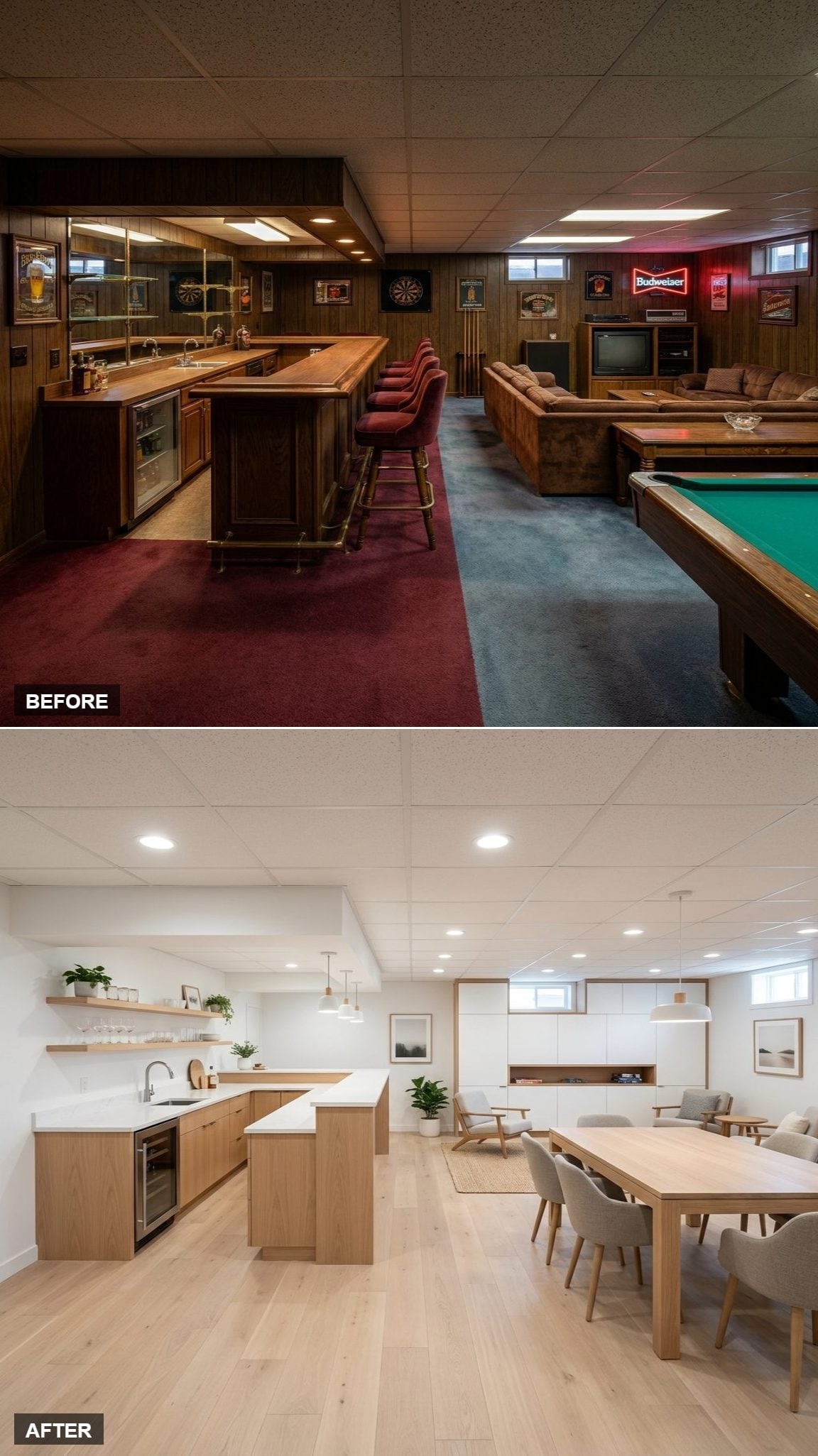 Light oak basement bar with white quartz counters, open shelves, hardwood flooring, and open living area