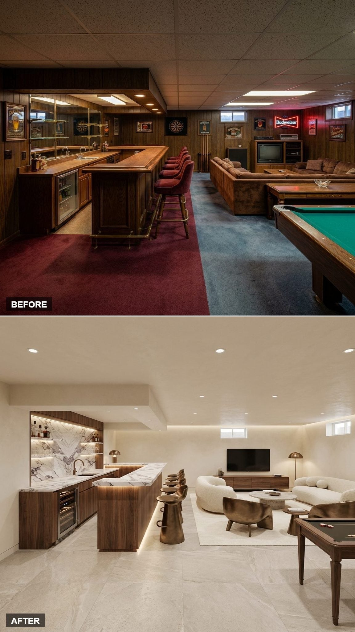 Basement bar with dramatic veined marble waterfall counters, walnut cabinetry, and sculptural bronze stools