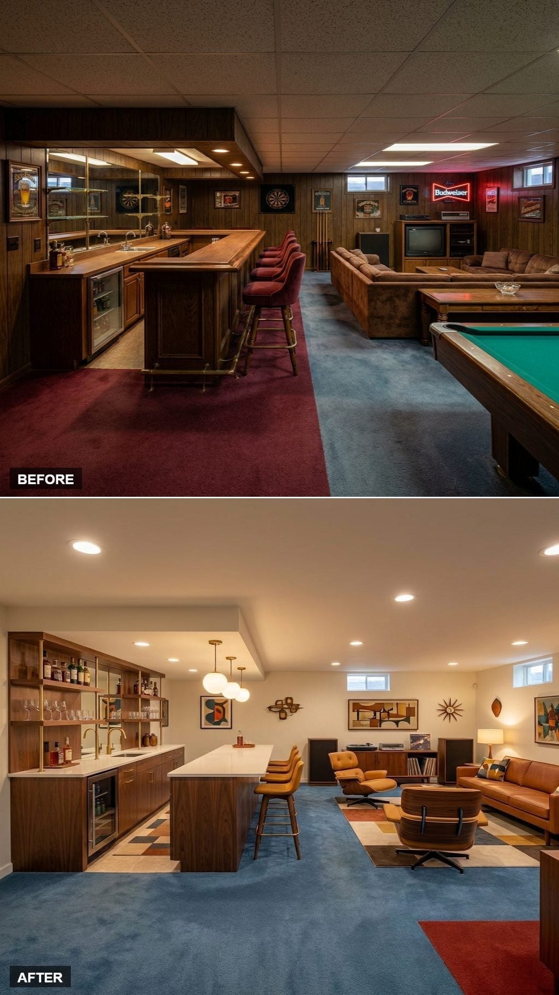 Mid-century-inspired basement with walnut bar, open brass shelving, white island, cognac sofa, lounge chair, and globe pendants
