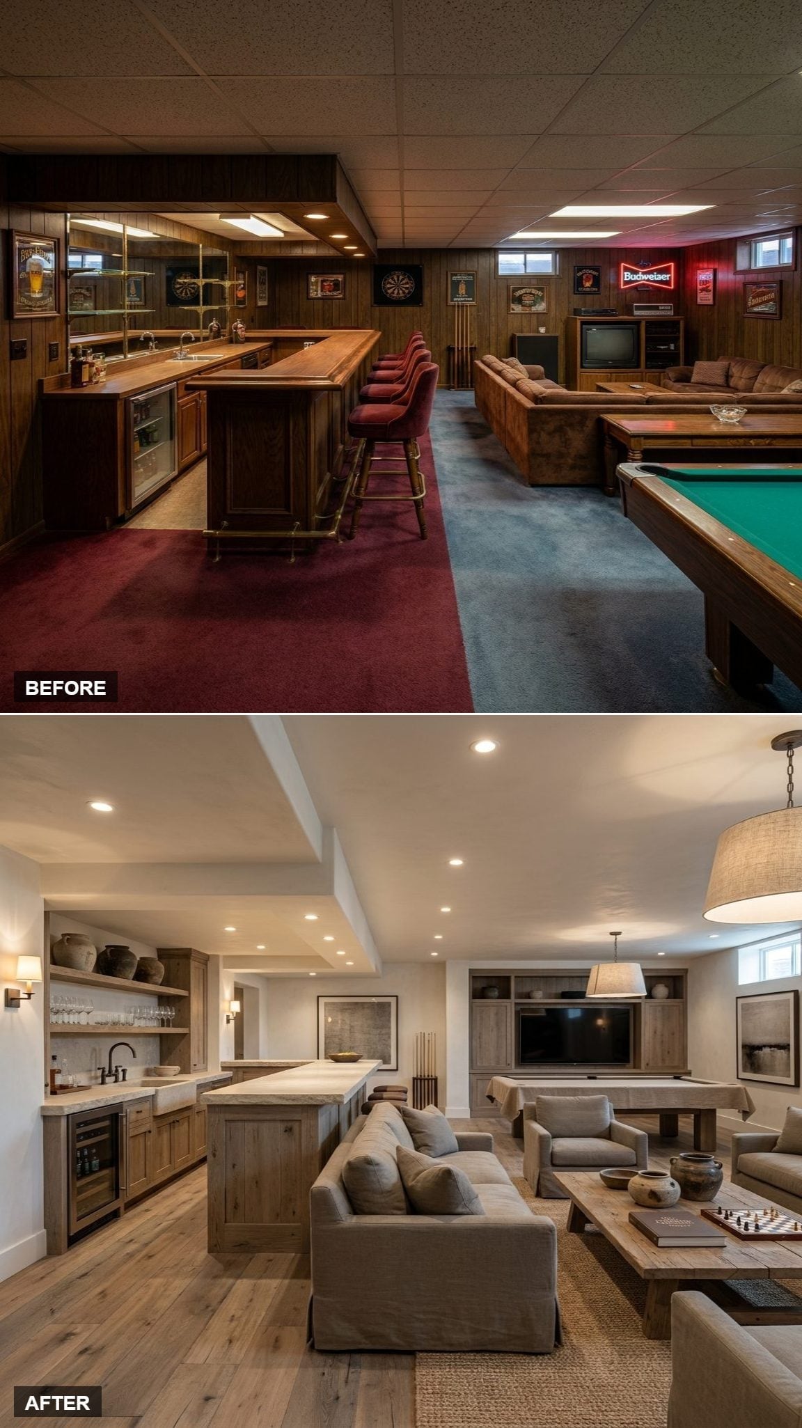 Natural oak basement wet bar with pale stone counters, linen sofas, jute rug, chunky wood table, and wide-plank flooring