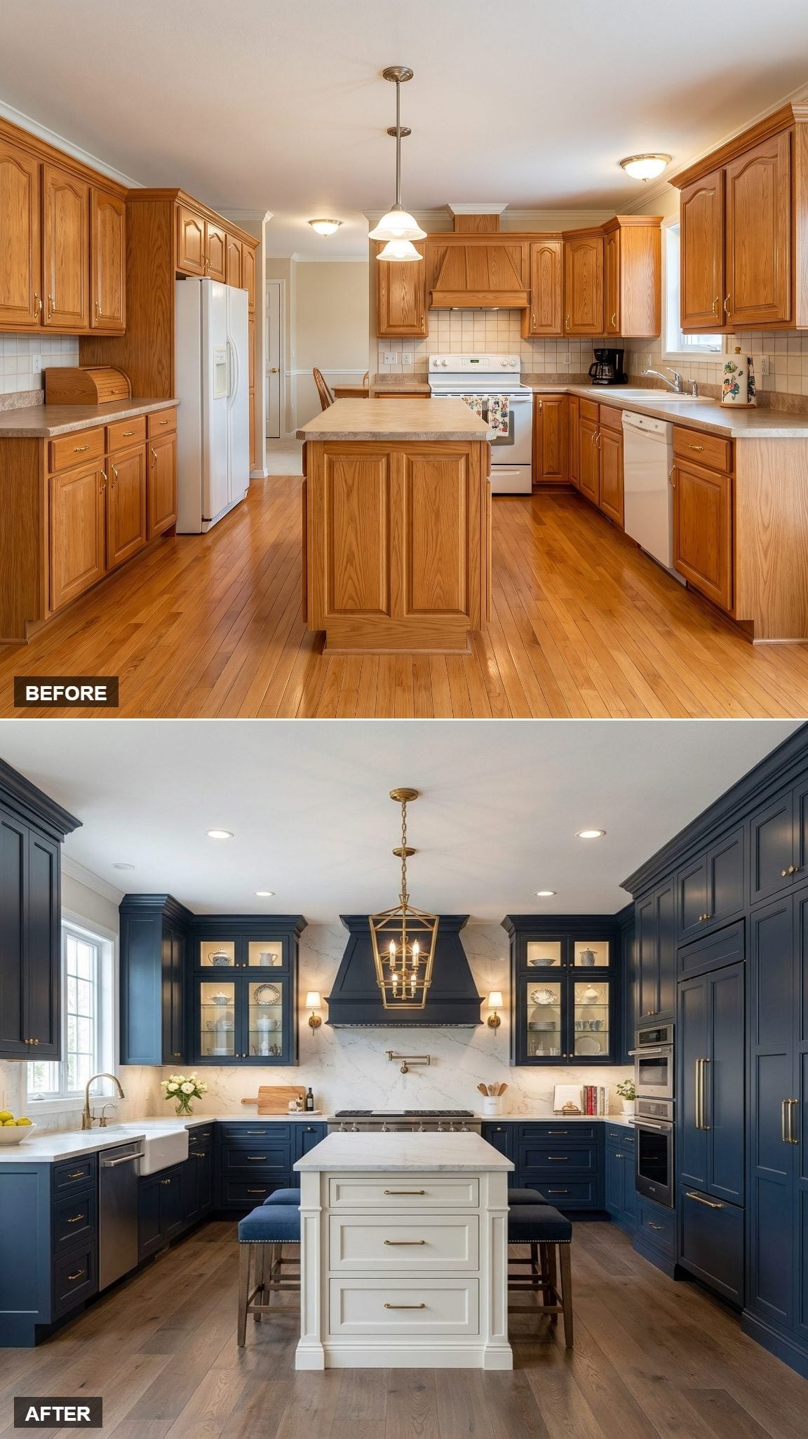 Navy Cabinets, a White Island, and Brass Hardware Rewired Every Expectation