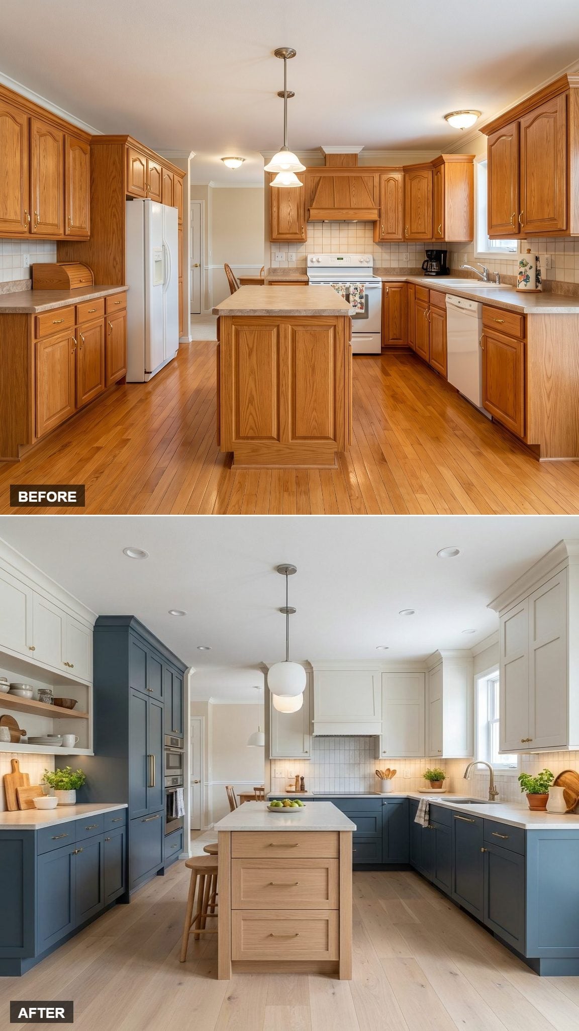 Navy Lowers, Brass Hardware, and a Bleached Oak Island That Refuses to Compete