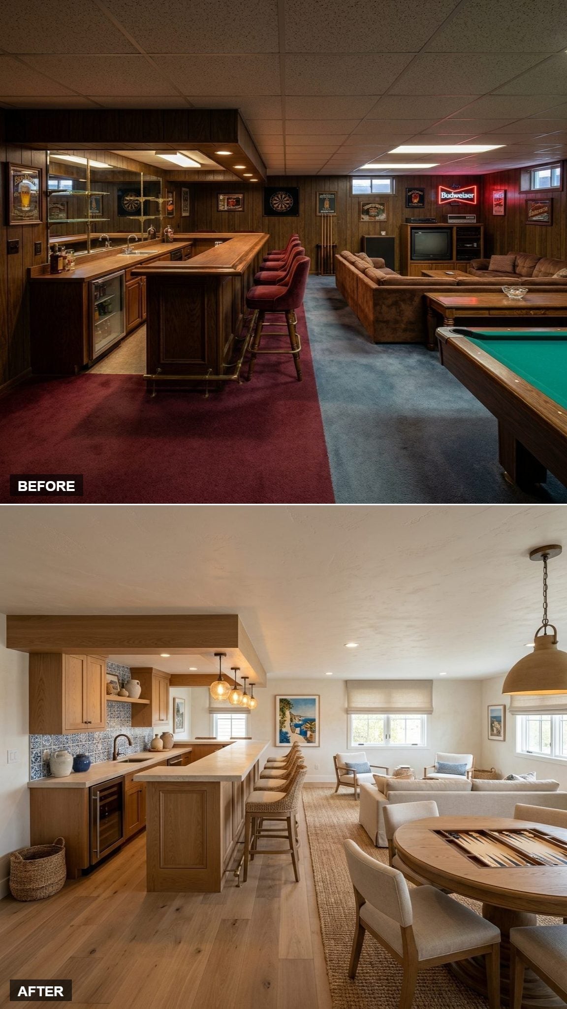 Honey oak basement bar with blue-and-white patterned backsplash, hardwood floors, island, and linen seating