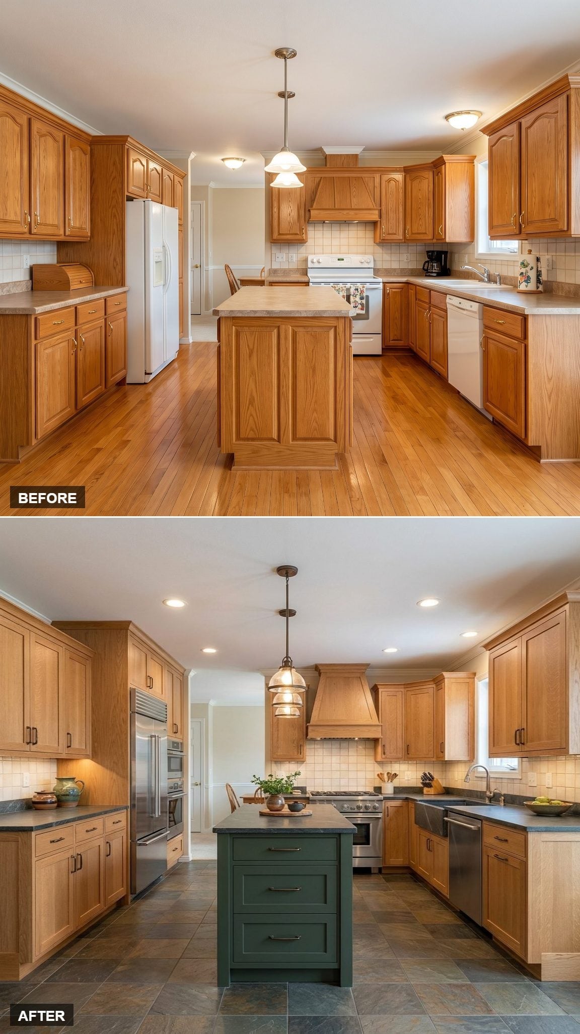 Oak Cabinets Kept, Island Painted Forest Green, Countertops Swapped for Soapstone