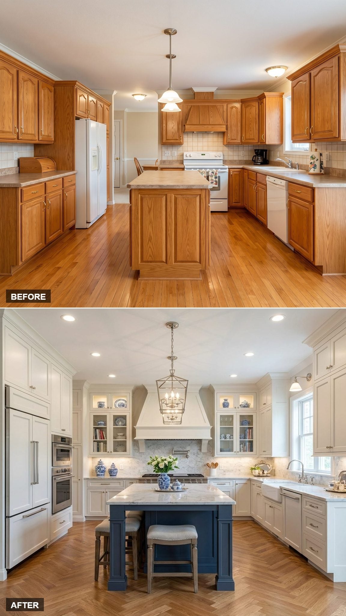 Painted White Cabinets and a Navy Island Pulled This Kitchen Out of the Oak Era