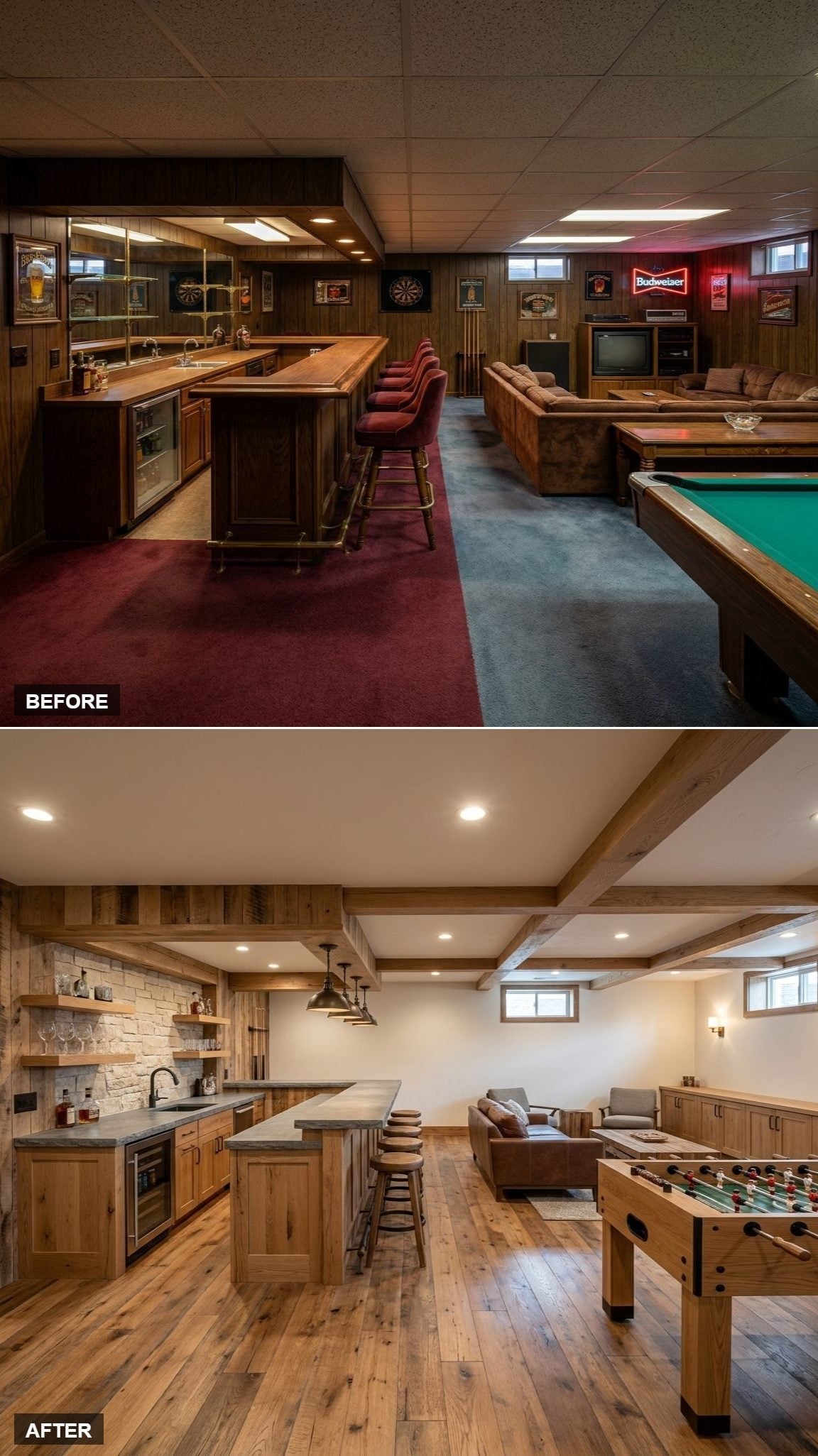 Rustic-industrial basement with rough oak bar cabinetry, concrete counters, stone backsplash, exposed wood beams, hardwood floors, and foosball