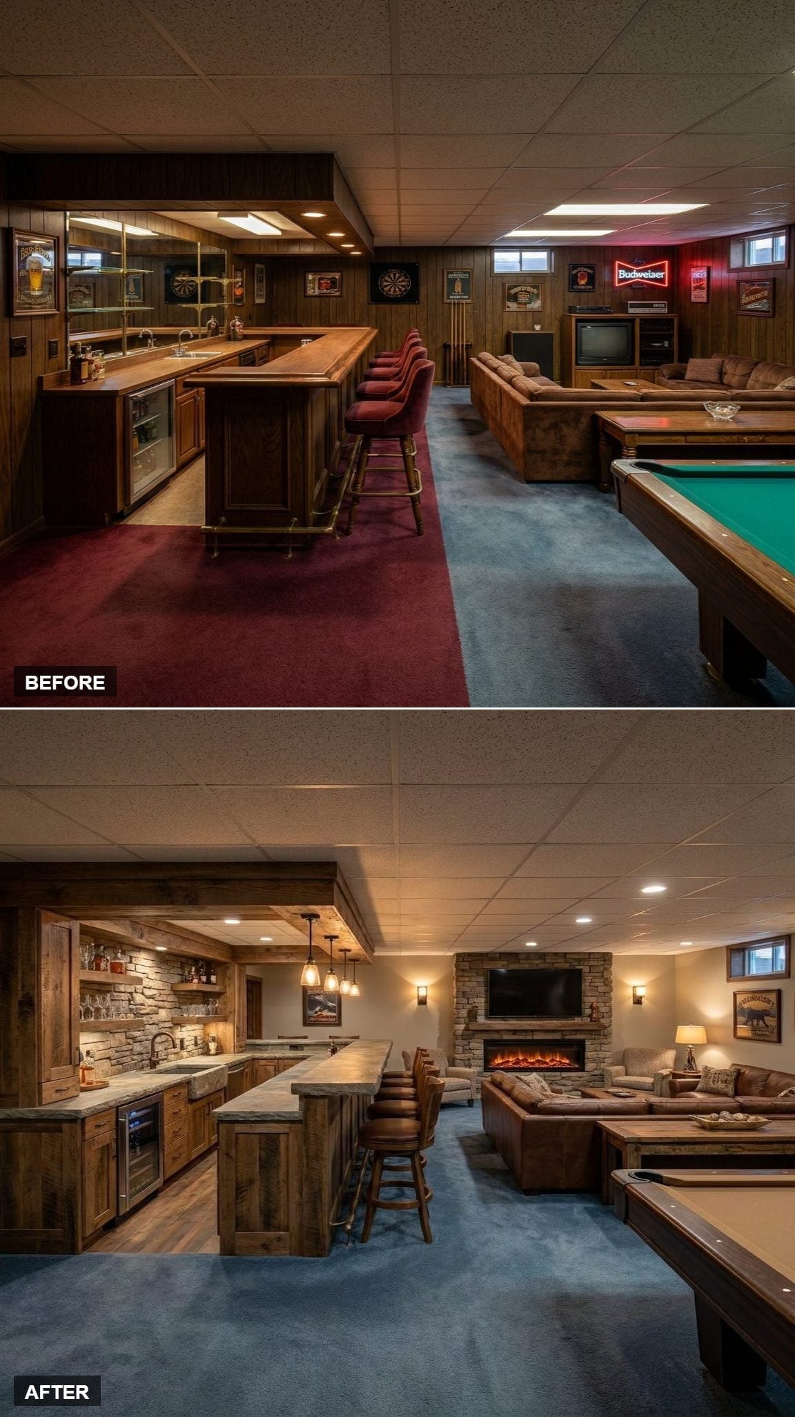 Rec room with reclaimed-look wood bar cabinetry, stacked-stone fireplace, stone backsplash, pendant lights, TV, and layered wall sconces