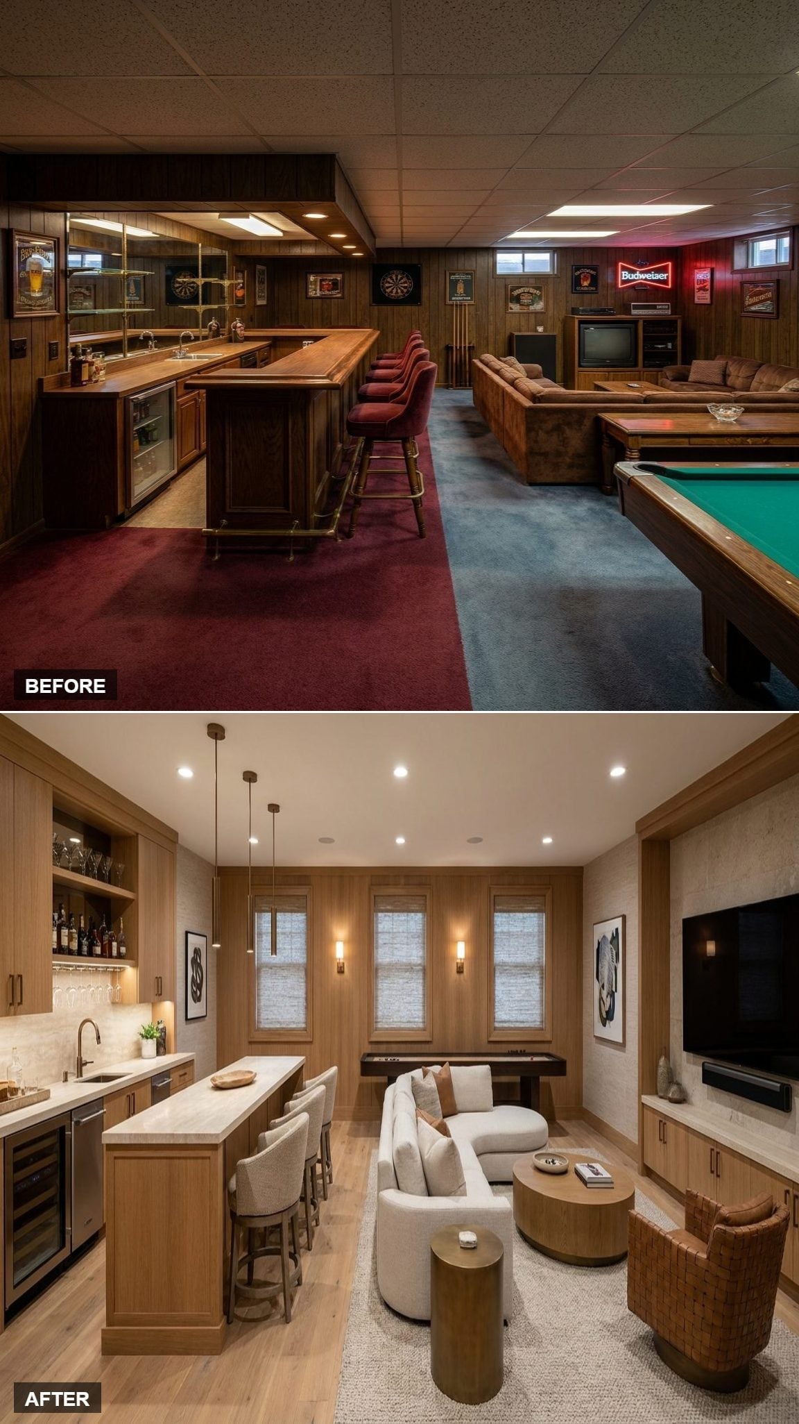 Rift-cut oak basement bar with pale stone counter, brass hardware, curved cream sofa, cognac barrel chair, and minimal pendants