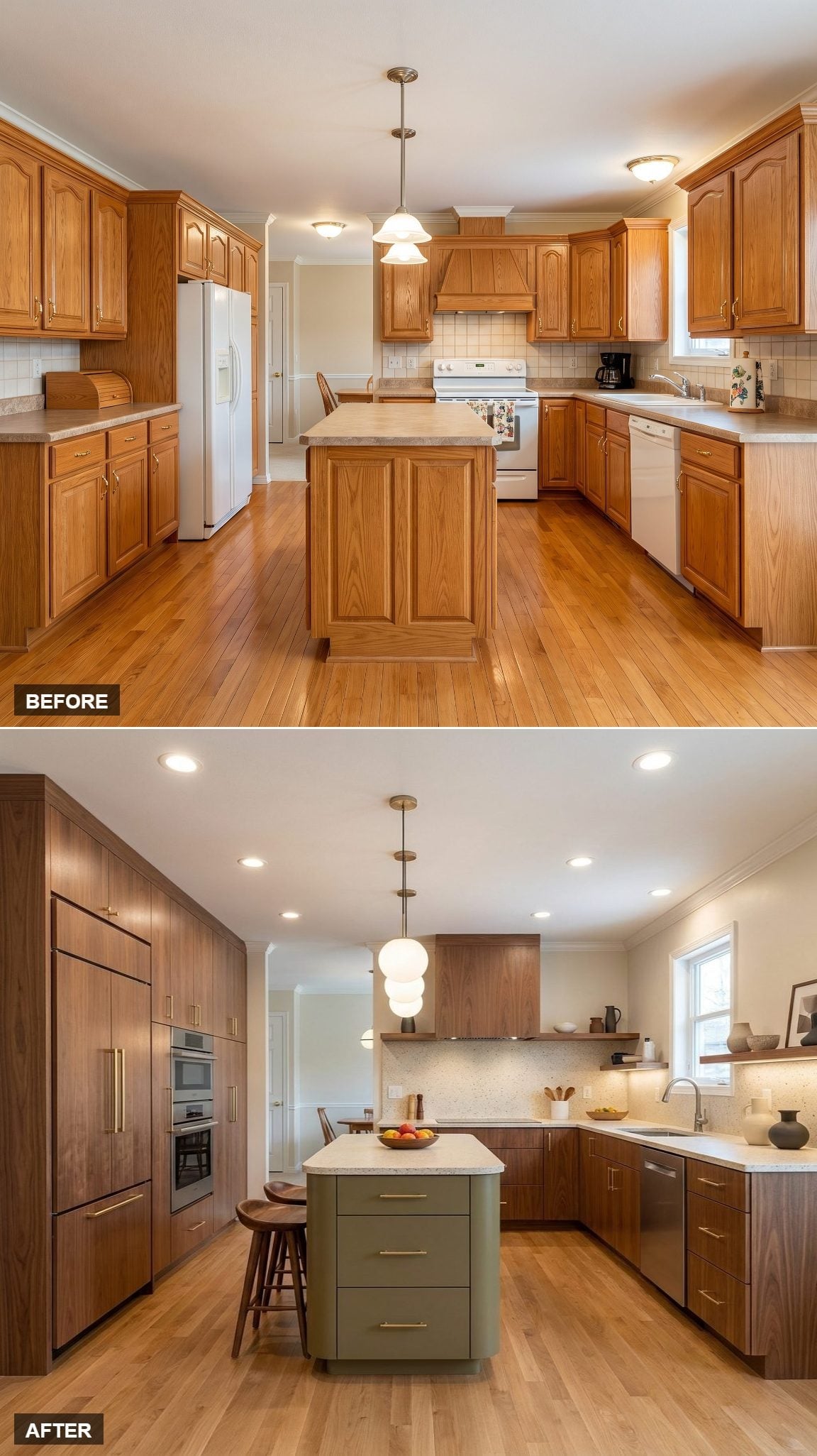 Sage Green Island, Walnut Flat-Fronts, and Recessed Lighting Rewrote the Whole Room