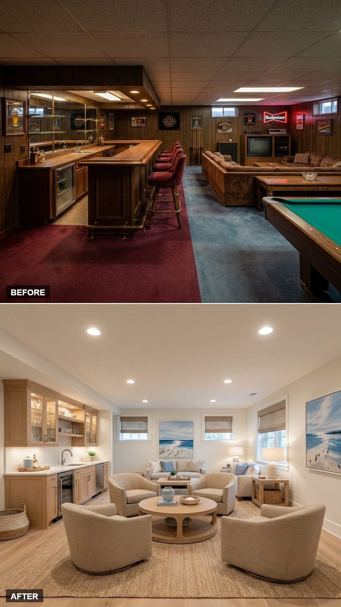 Light oak basement lounge with five swivel chairs, round table, compact wet bar, woven shades, and coastal artwork