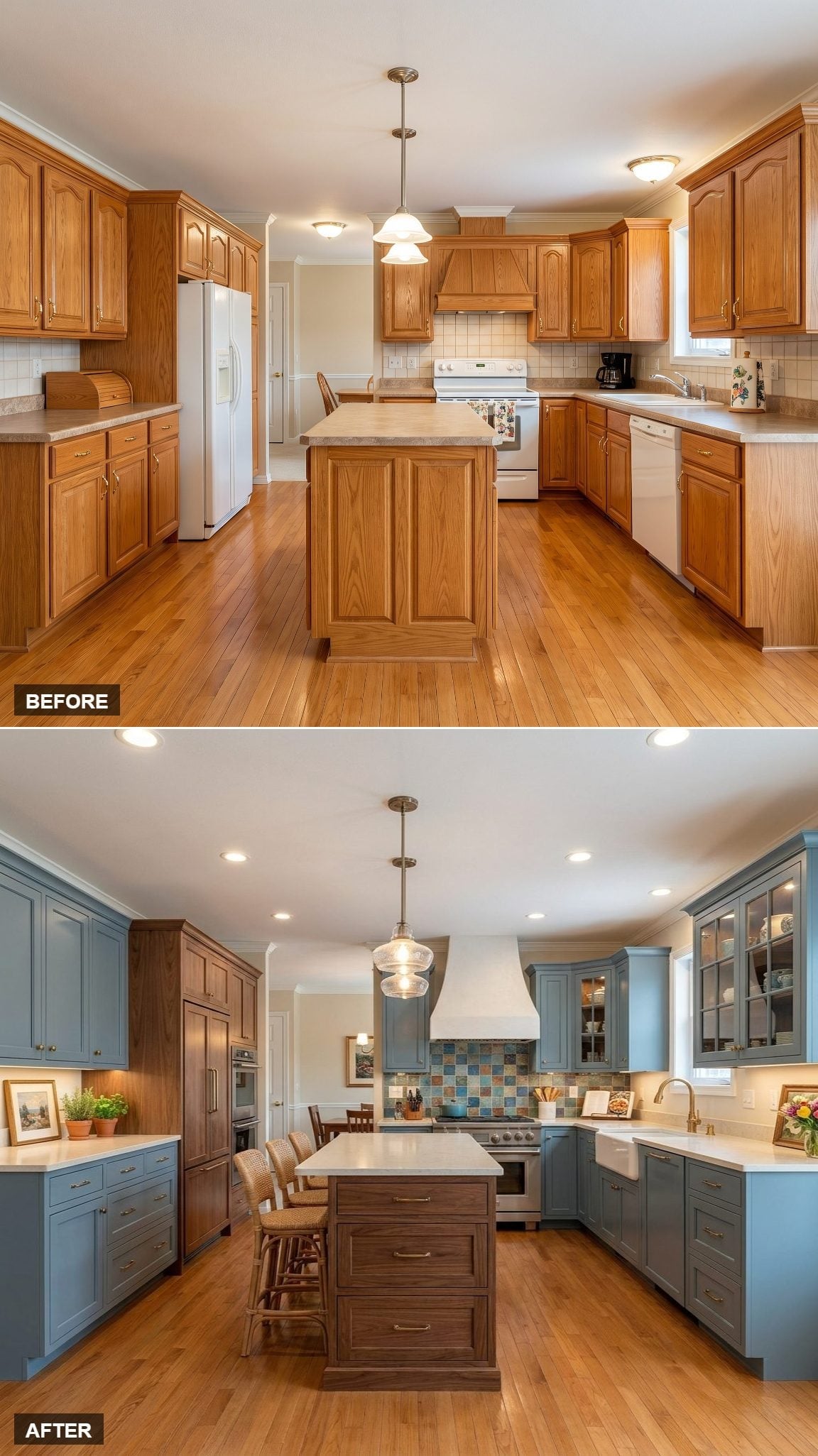 Slate Blue Perimeter Cabinets and a Wood-Toned Island Found an Unlikely Common Ground