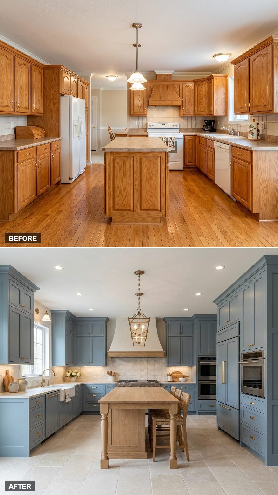 Slate Blue Shaker Cabinets and Brass Hardware Pulled This Kitchen Into a Different Century