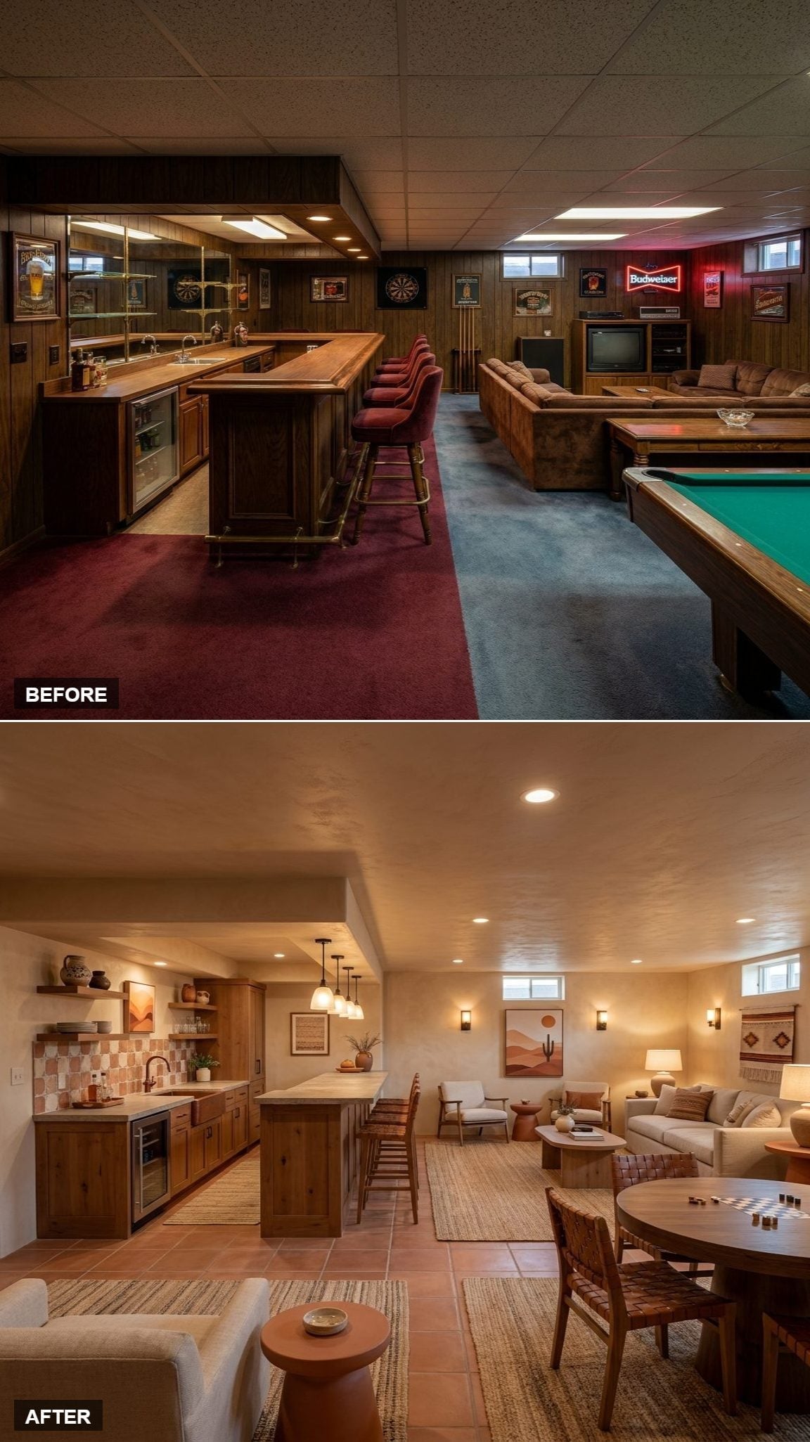 Southwestern-inspired basement with terracotta tile, sandy limewashed walls, black and cream pendants, and warm wet bar