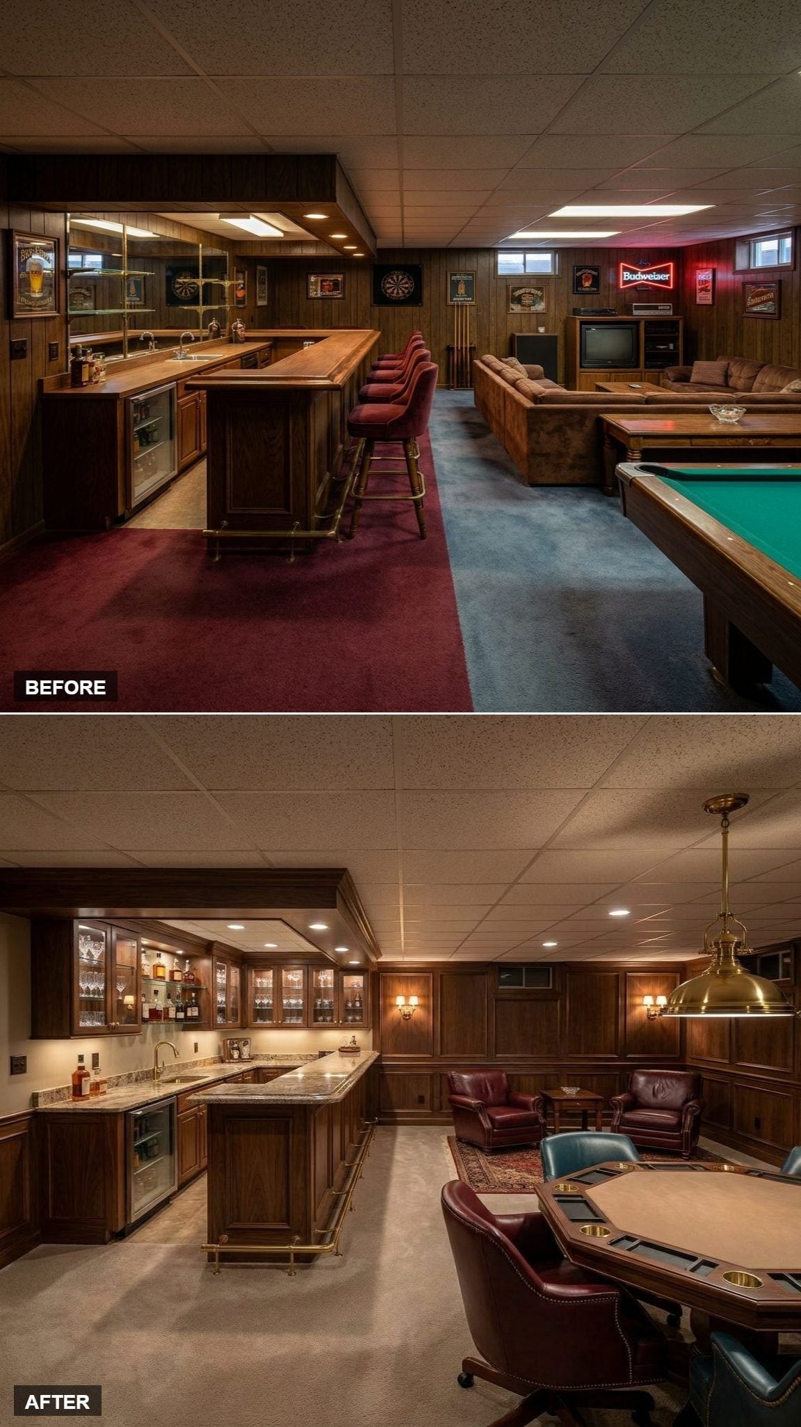 Walnut basement wet bar with lit glass cabinets, granite counters, poker table, burgundy and teal chairs, brass pendant, and concrete-look floor