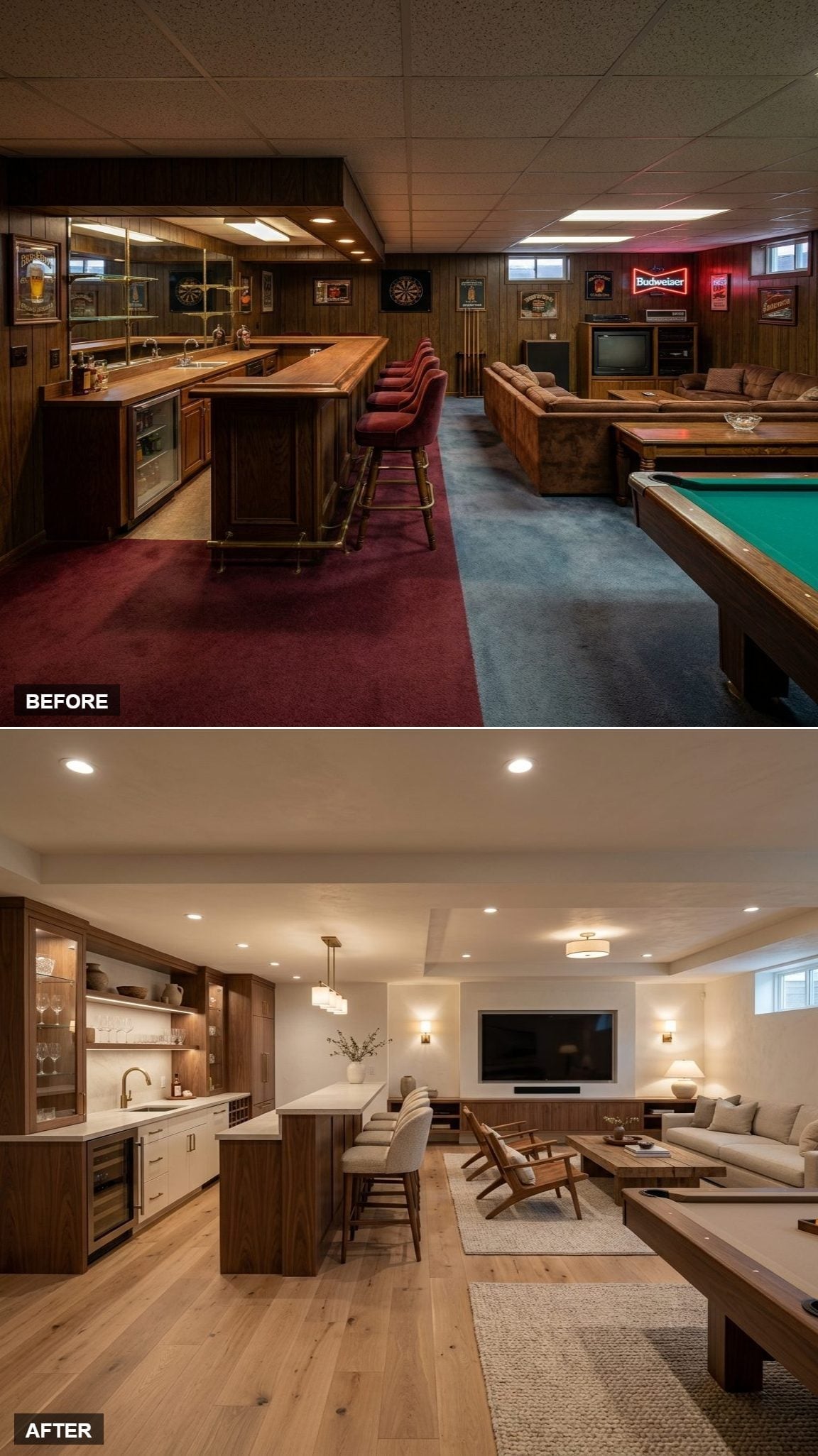 Basement bar with walnut upper cabinets, white lower cabinets, hardwood flooring, island pendants, and adjoining lounge