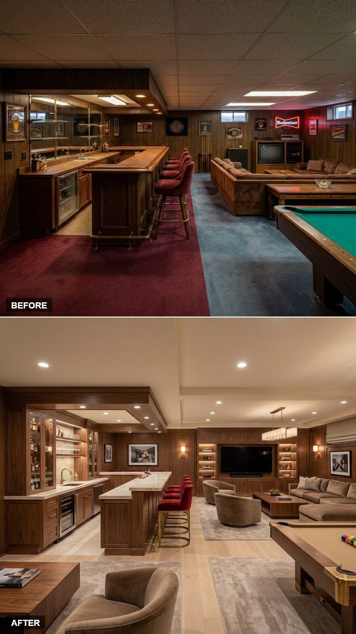 Walnut basement bar with lit glass-front cabinets, pale veined counter, red barstools, TV wall, hardwood floor, and sconces