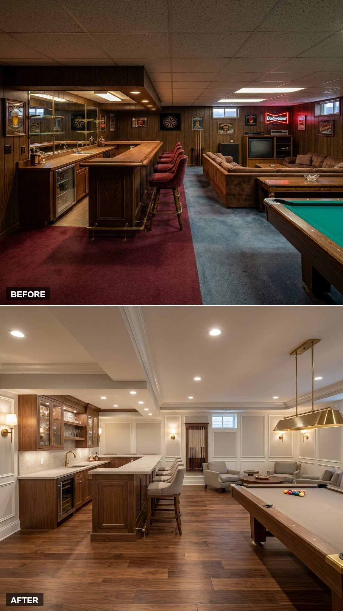 Walnut wet bar with quartz counter, brass billiard pendant, pool table, wainscoting, tray ceiling, and hardwood floors
