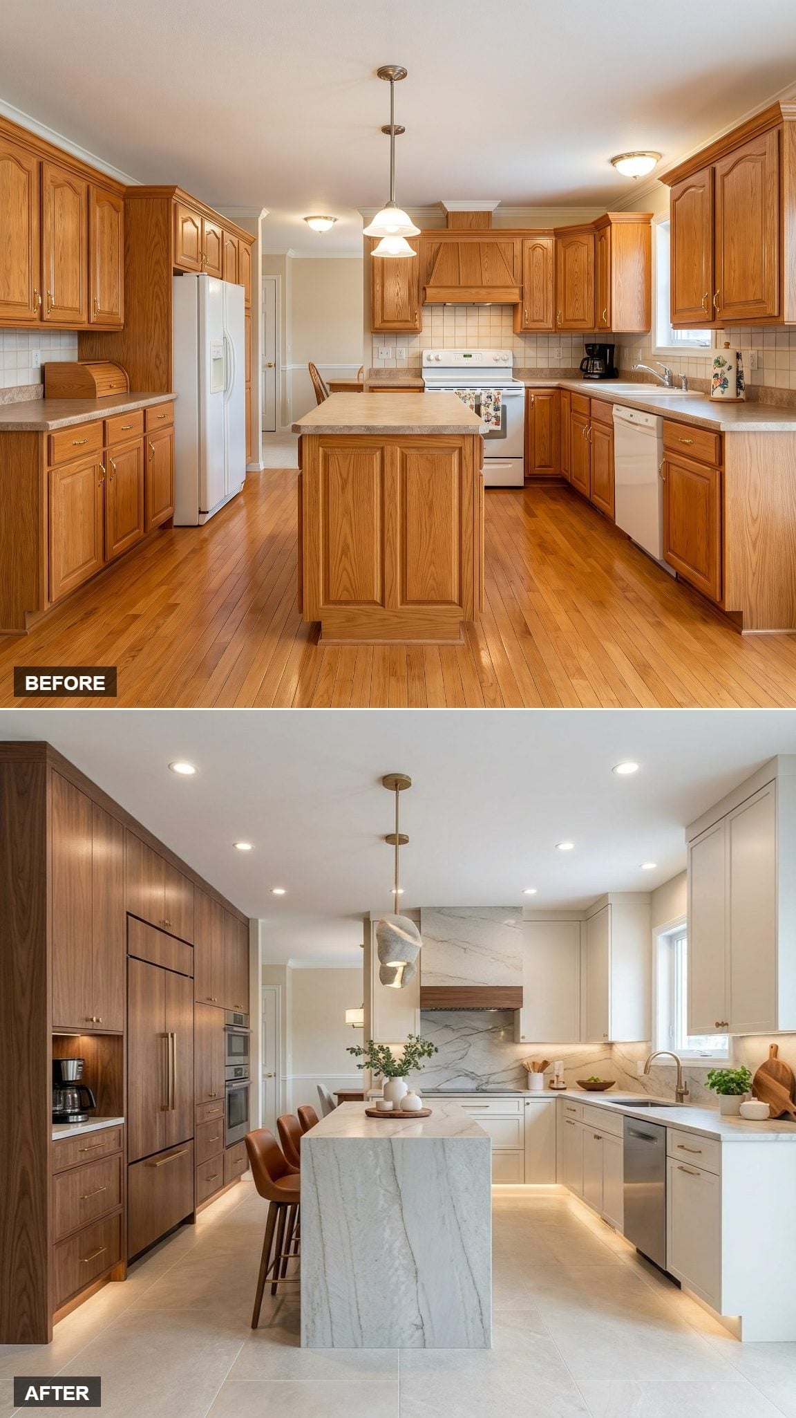 Walnut Flat-Fronts and a Marble Waterfall Island Gave This Kitchen a Whole New Vocabulary