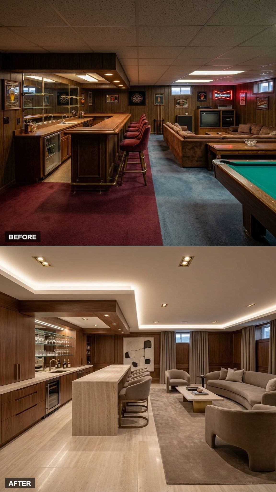 Walnut bar cabinetry, pale stone surfaces, cove lighting, curved seating, and a neutral basement lounge