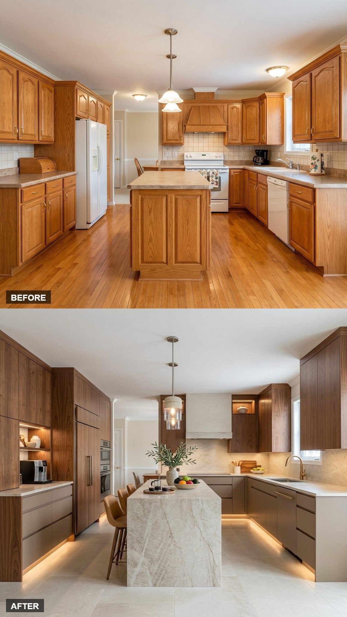Walnut Uppers, Greige Lowers, and a Waterfall Island That Carries the Room