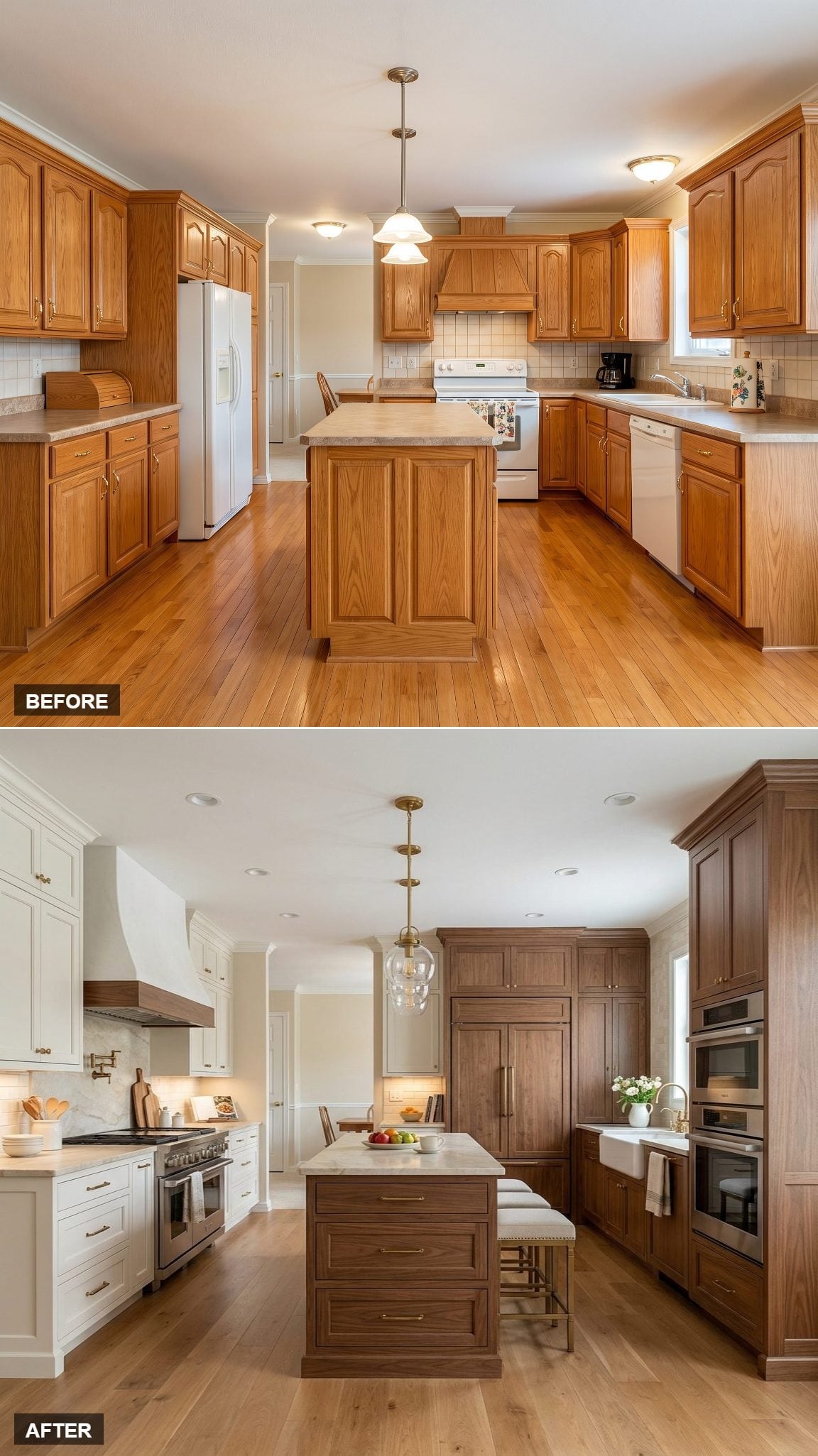White Perimeter, Walnut Island, Brass Hardware: Two Tones With a Clear Argument
