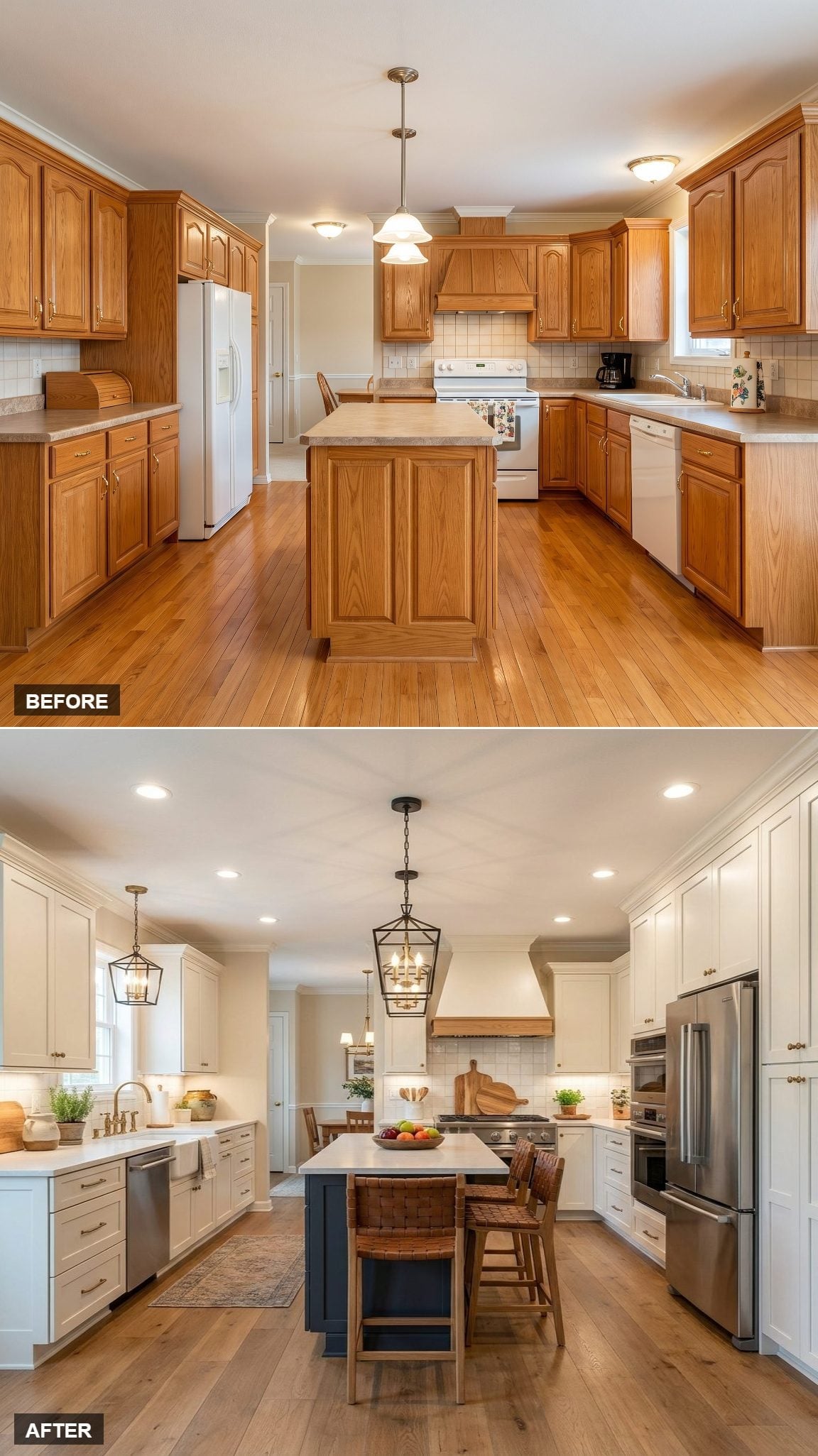 White Shaker Cabinets, Navy Island, and Lantern Pendants Rewrote the Whole Room