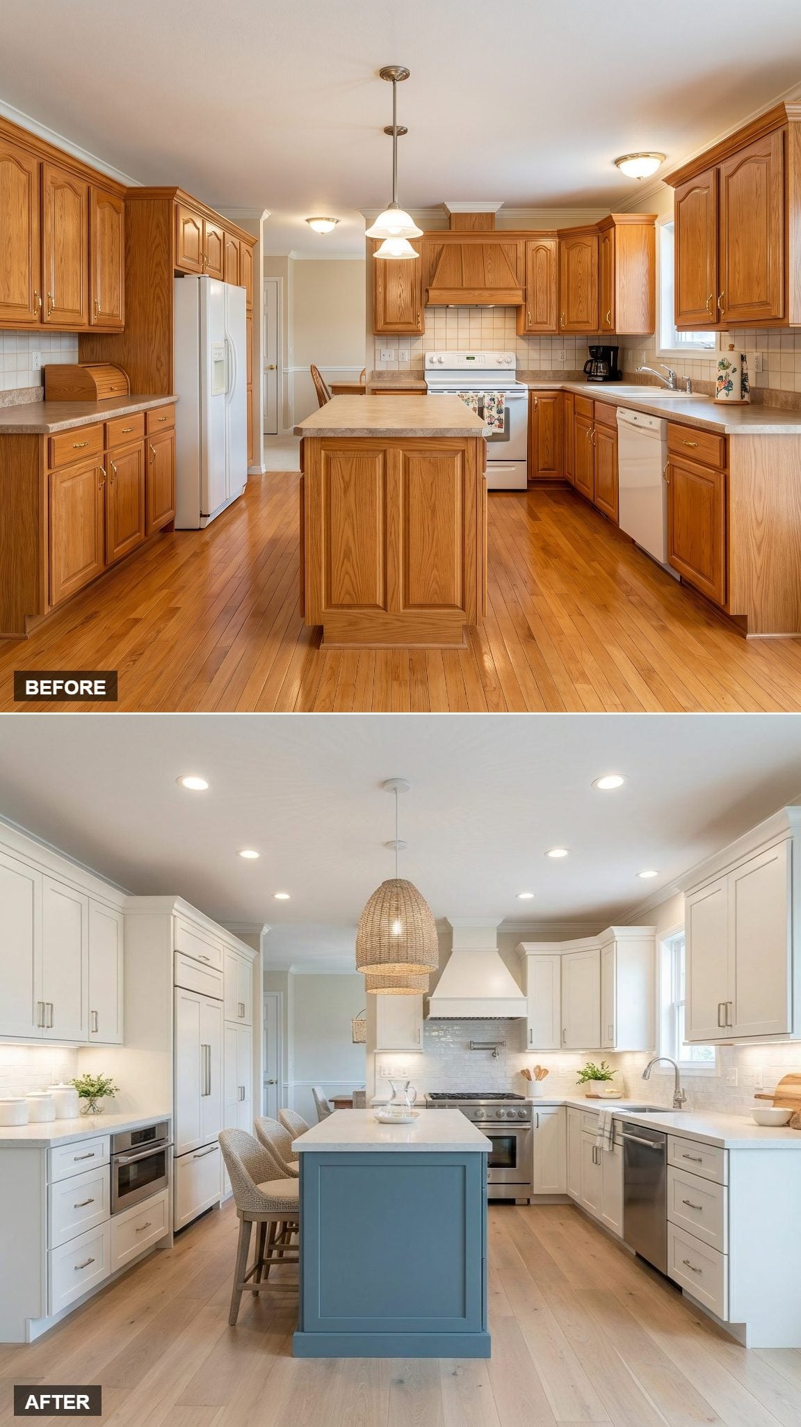 White Shaker Perimeter, Blue Island, Woven Pendant: How One Kitchen Found Its Footing