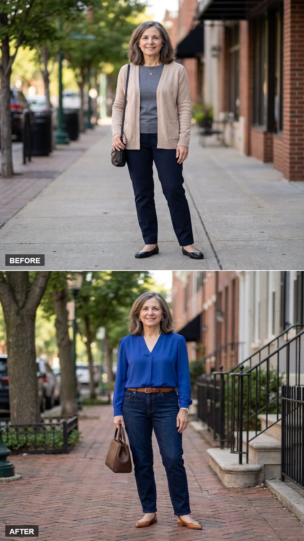 Dark Indigo Denim and Cobalt Silk on a Brick Townhouse Sidewalk