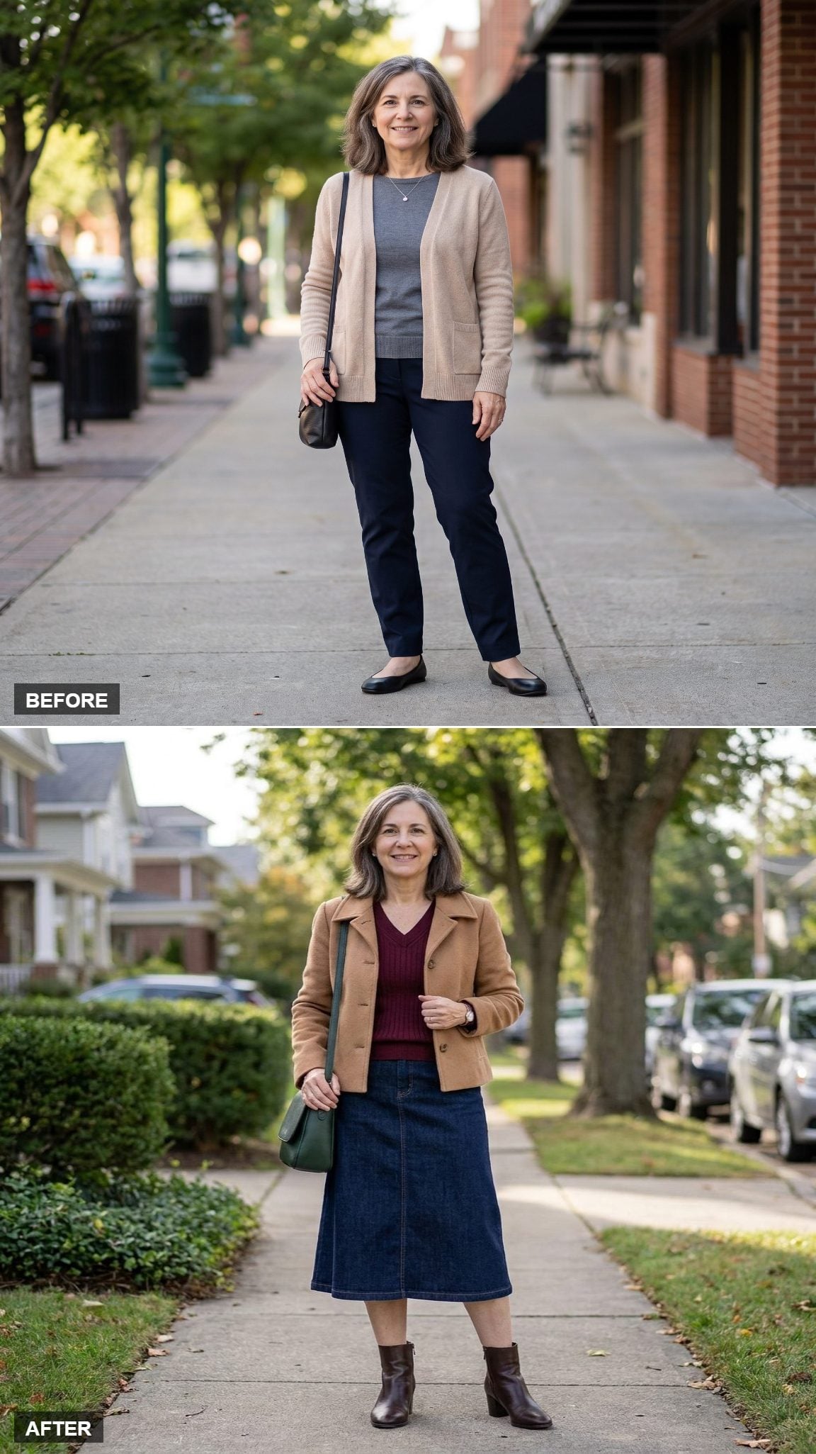 Dark Indigo Denim Midi Skirt, Burgundy Ribbed Knit and Camel Wool Jacket on a Leafy Street