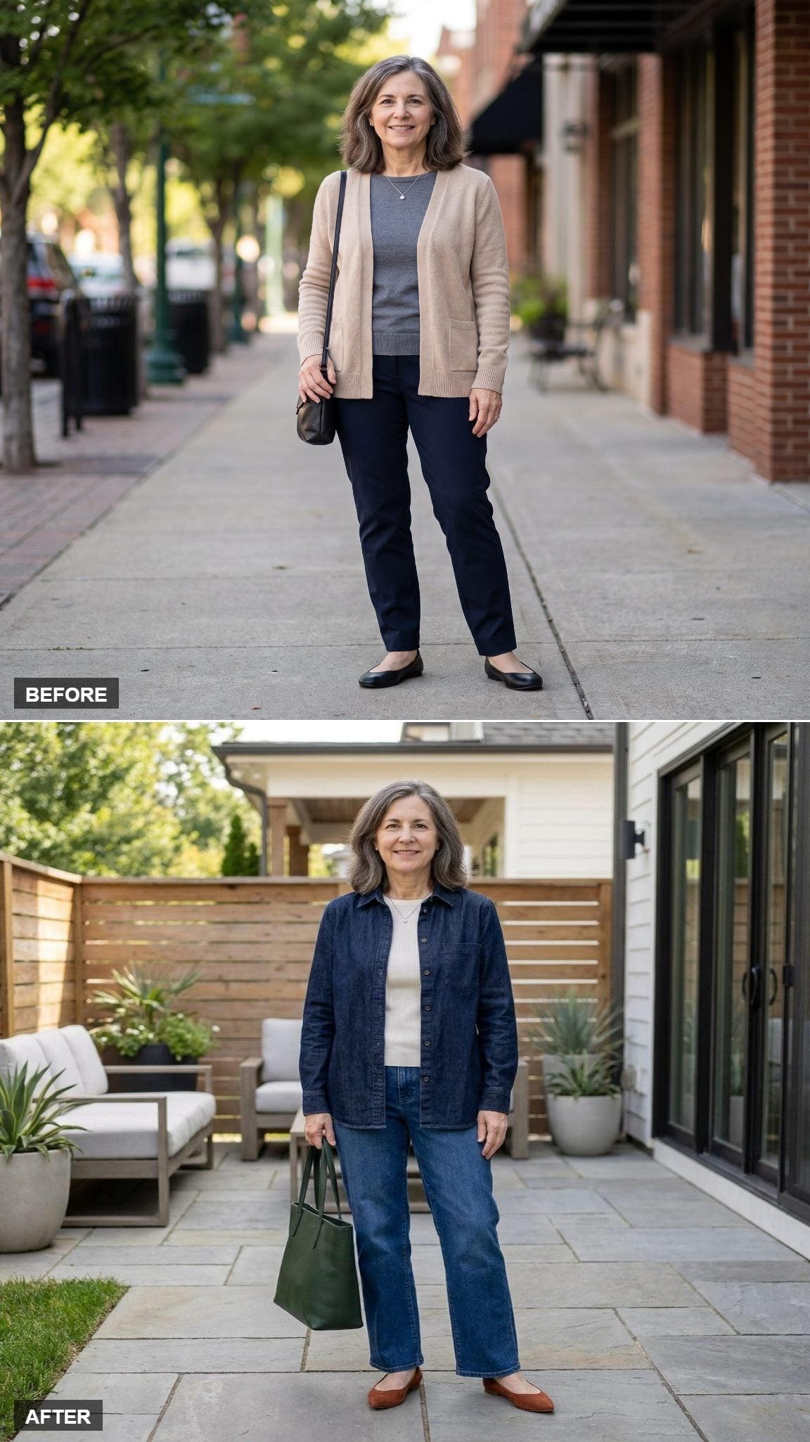 Dark-Indigo Denim-on-Denim With a Rust Suede Flat and Forest-Green Tote
